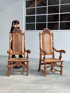 Eiche massiv Holz Rattan Geflecht Thron Stuhl Burg Ranis, Deutschland 1840