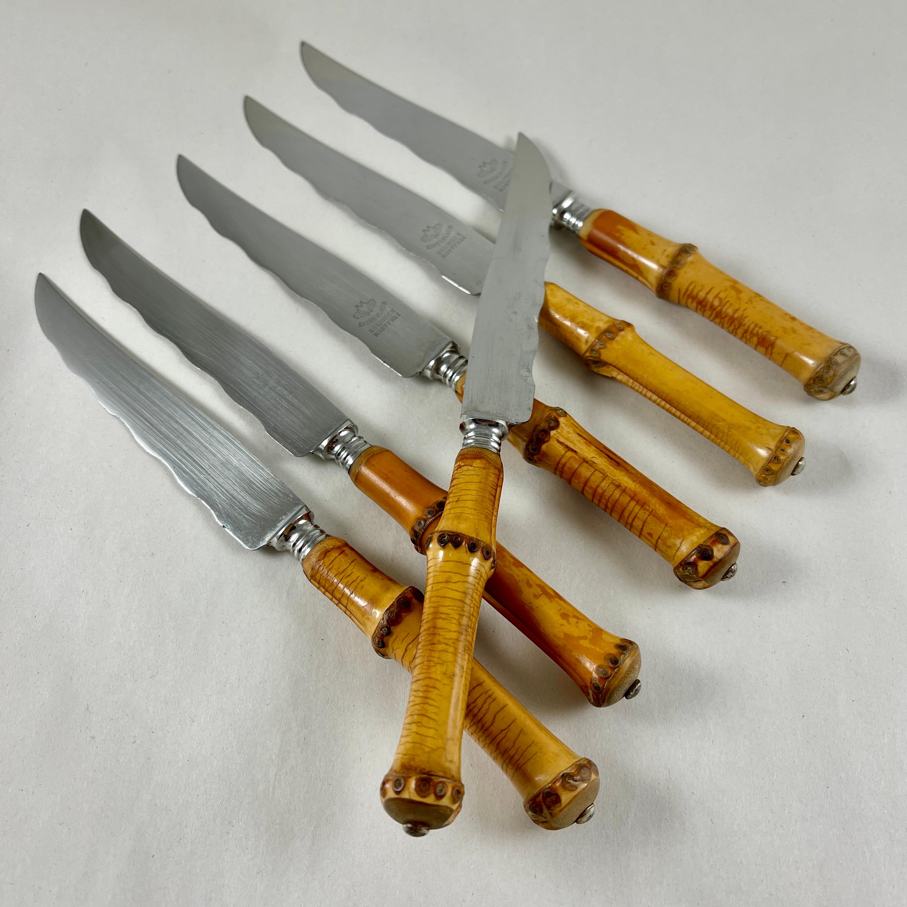 A set of six, Eichenlaub cutlery bamboo handled steak knives, circa 1950-1960.

Since 1910, the Eichenlaub brand from Solingen, Germany, has represented the finest quality of hand-forged table cutlery.

Made from a single piece of stainless
