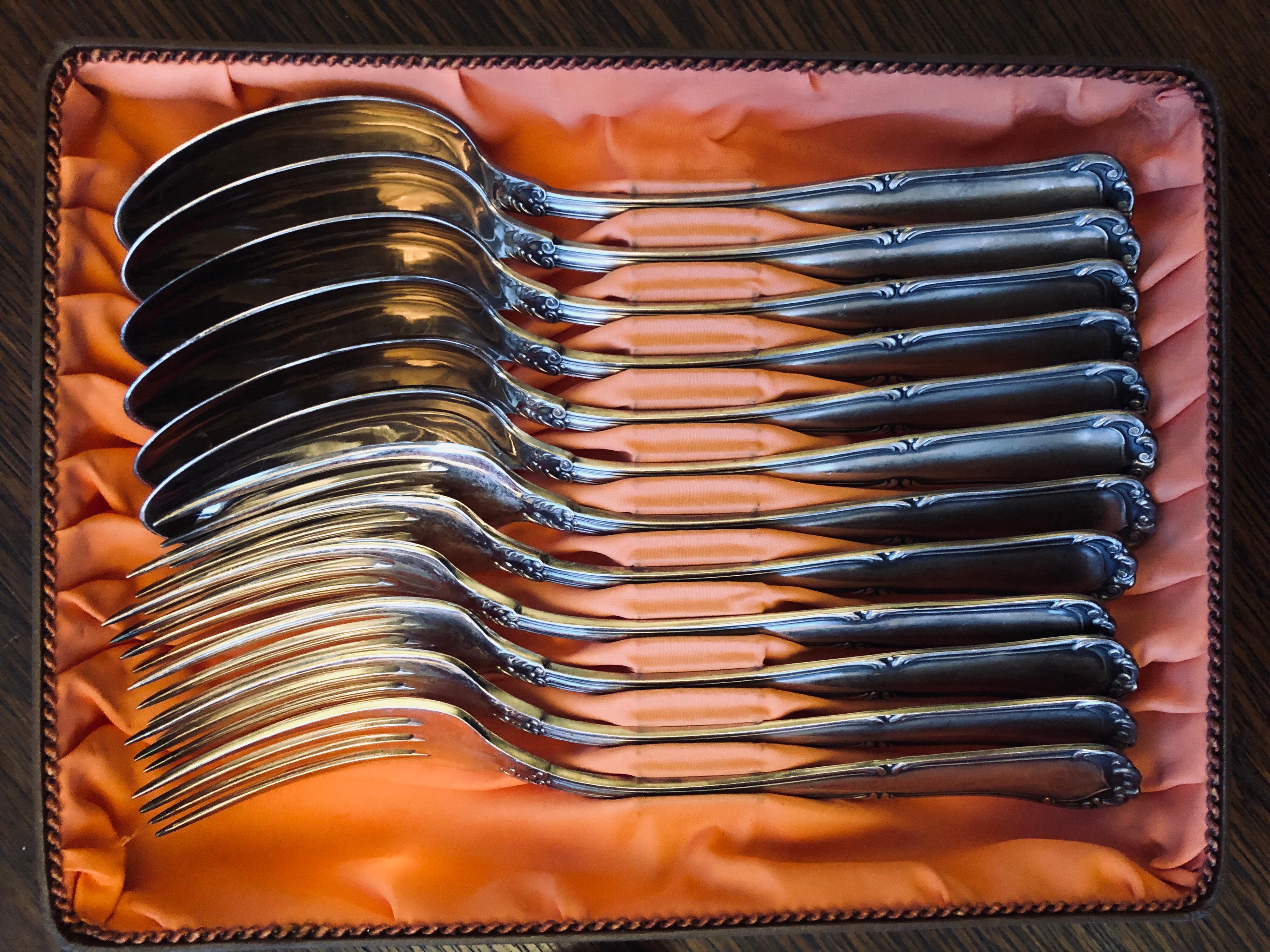 Mid-Century Modern E.Icherrer Messerschmied Bulach Flatware Silver Set of 12 Spoons Forks in a Box