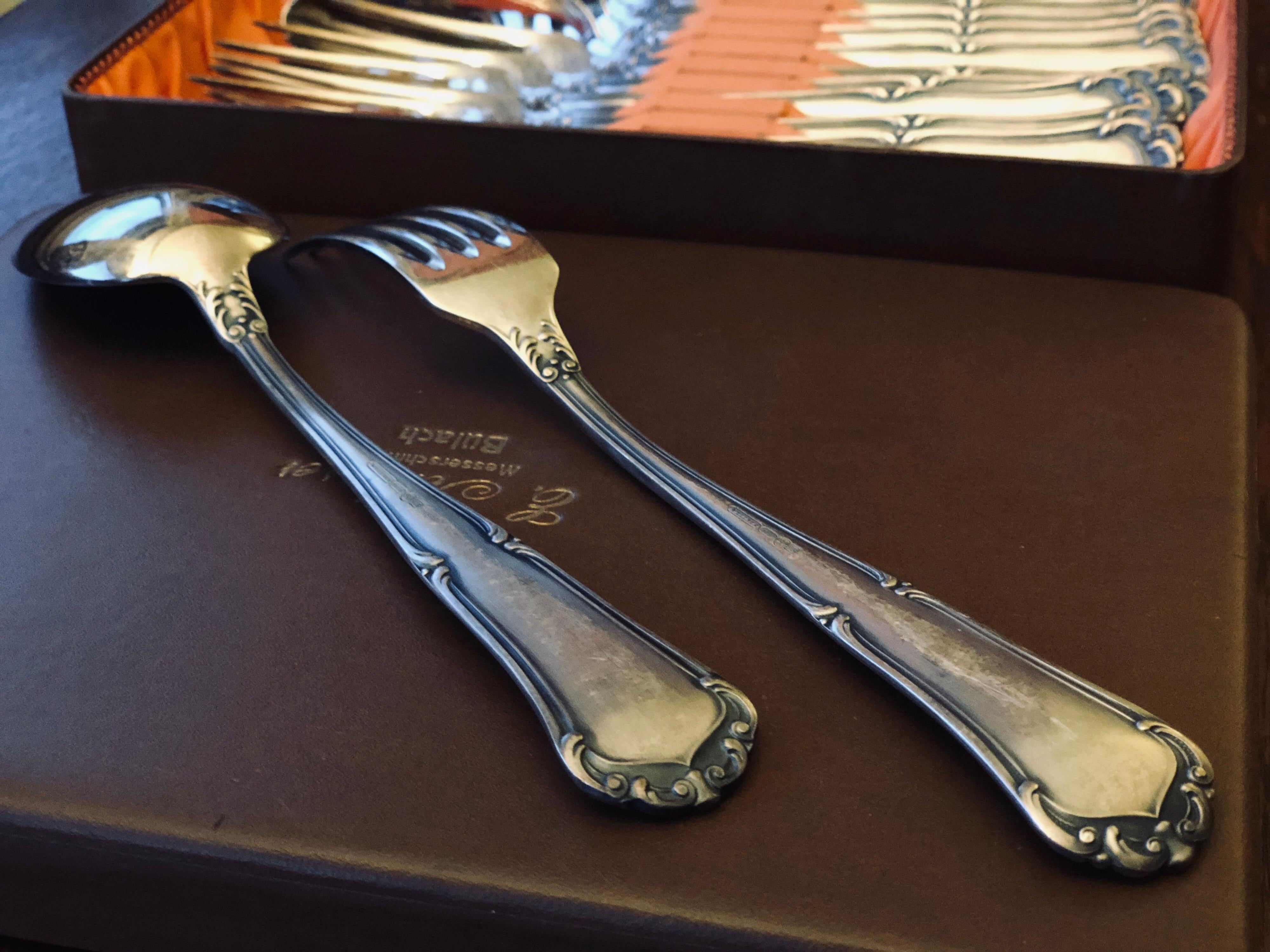 E.Icherrer Messerschmied Bulach Flatware Silver Set of 12 Spoons Forks in a Box In Good Condition In Sofia, BG