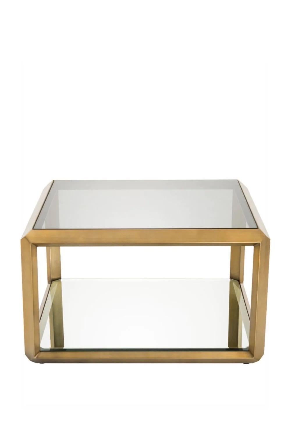 Mid-Century Modern Eichholtz Callum Brushed Brass and Smoked Glass Square Side Table, a Pair For Sale