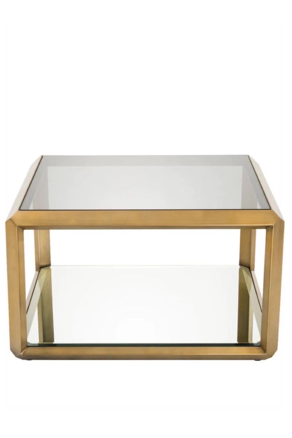 Dutch Eichholtz Callum Brushed Brass and Smoked Glass Square Side Table, a Pair For Sale