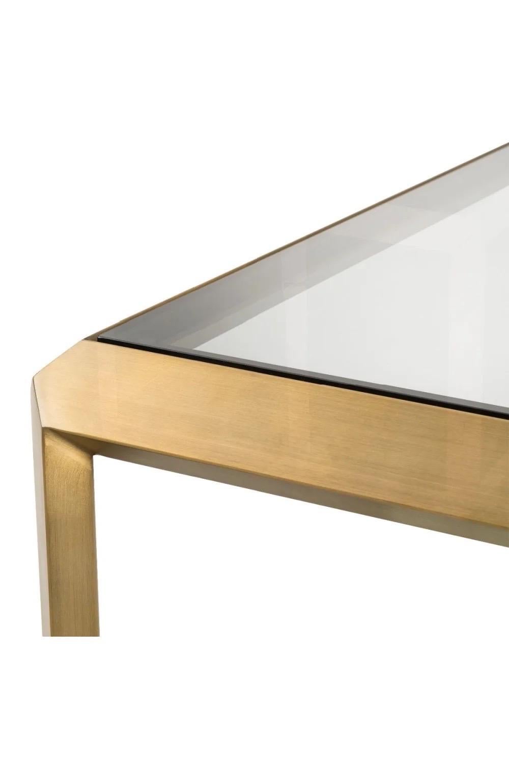 Eichholtz Callum Brushed Brass and Smoked Glass Square Side Table, a Pair In Excellent Condition For Sale In Farmington Hills, MI