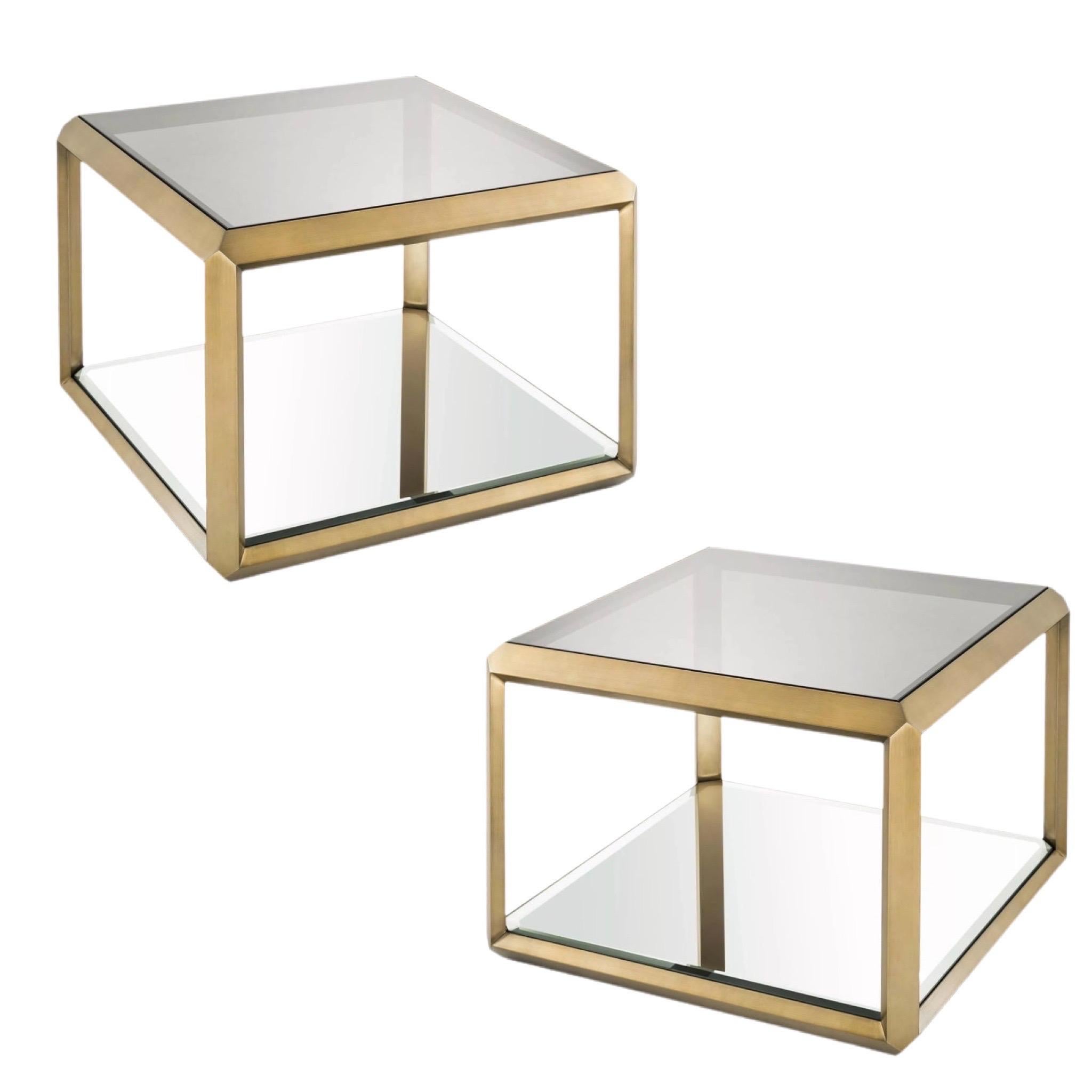 Eichholtz Callum Brushed Brass and Smoked Glass Square Side Table, a Pair For Sale