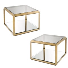 Eichholtz Callum Brushed Brass and Smoked Glass Square Side Table, a Pair