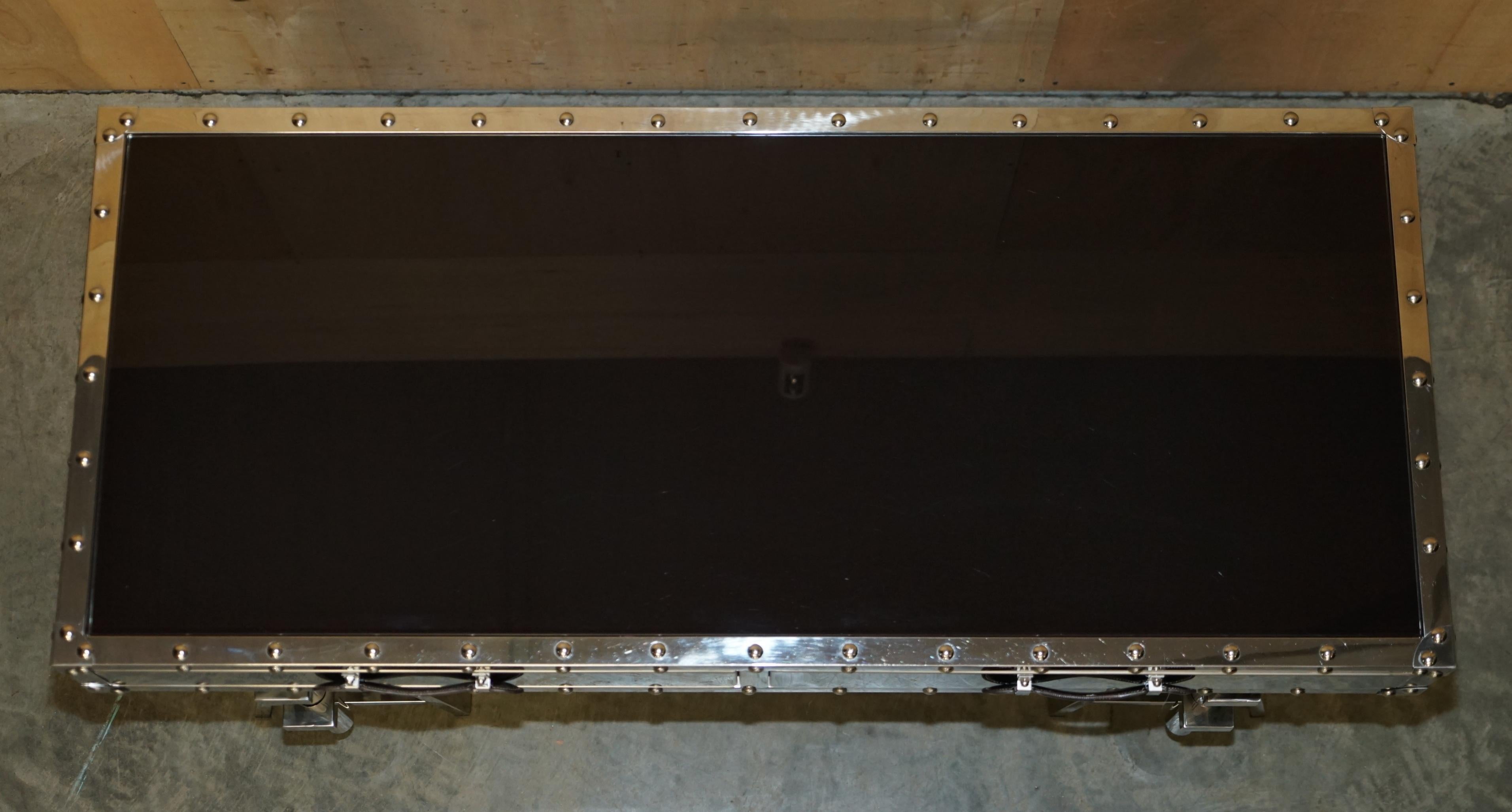Eichholtz Chrome Glass Topped Trestle Three Drawer Luggage Style Desk / Table 2