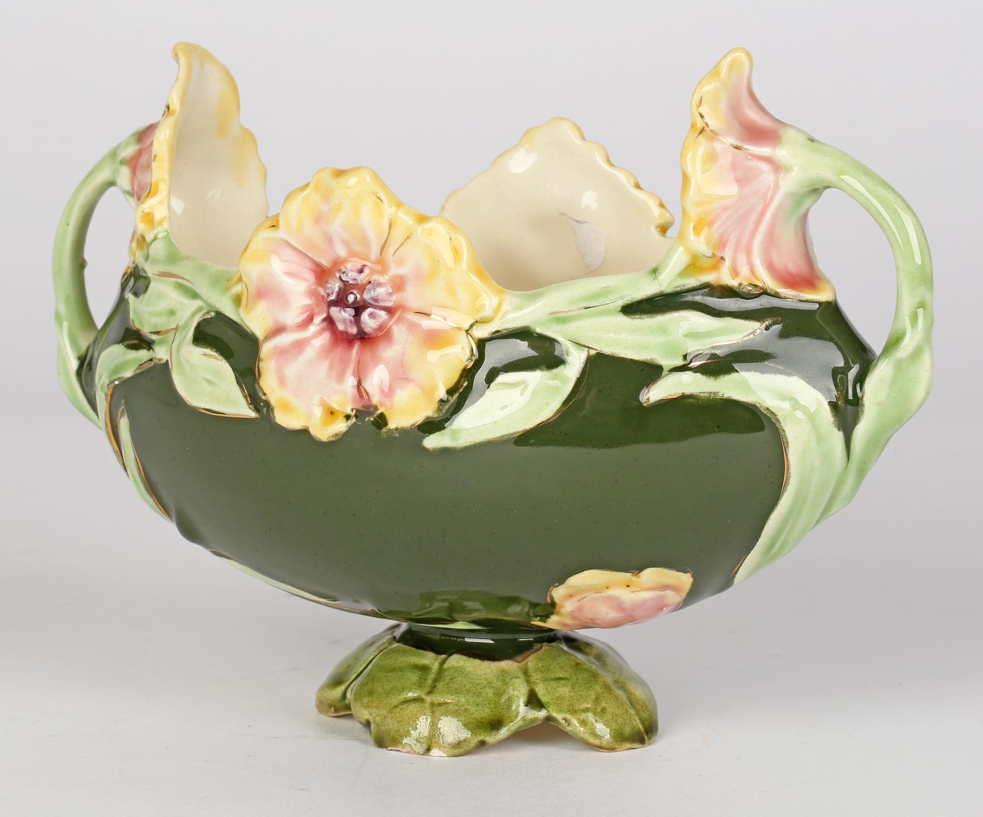 Pottery Eichwald Attributed Twin Handled Majolica Floral Planter