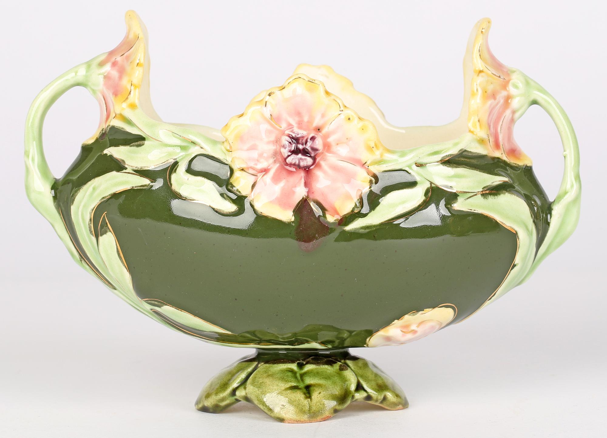Eichwald Attributed Twin Handled Majolica Floral Planter 3