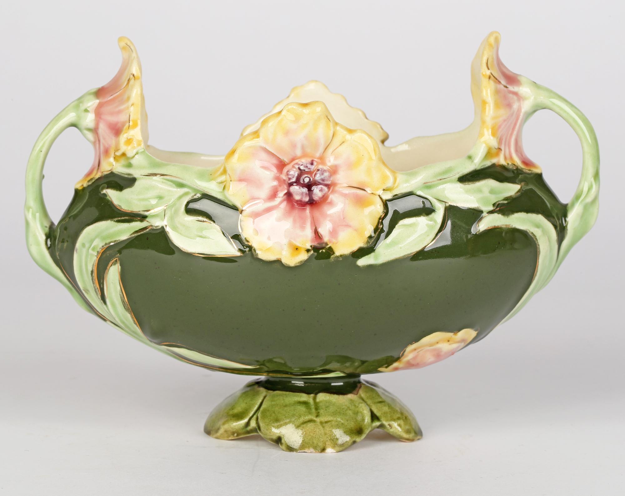 Eichwald Attributed Twin Handled Majolica Floral Planter In Good Condition In Bishop's Stortford, Hertfordshire