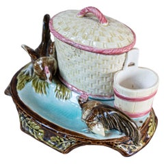 Eichwald Majolica Tobacco Jar with Roosters Pecking the Ground, circa 1870