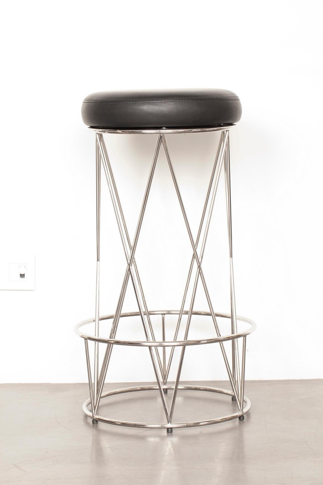 Modern Eiffel, Bar Stool Upholstered Leather Seat with Stainless Steel Structure