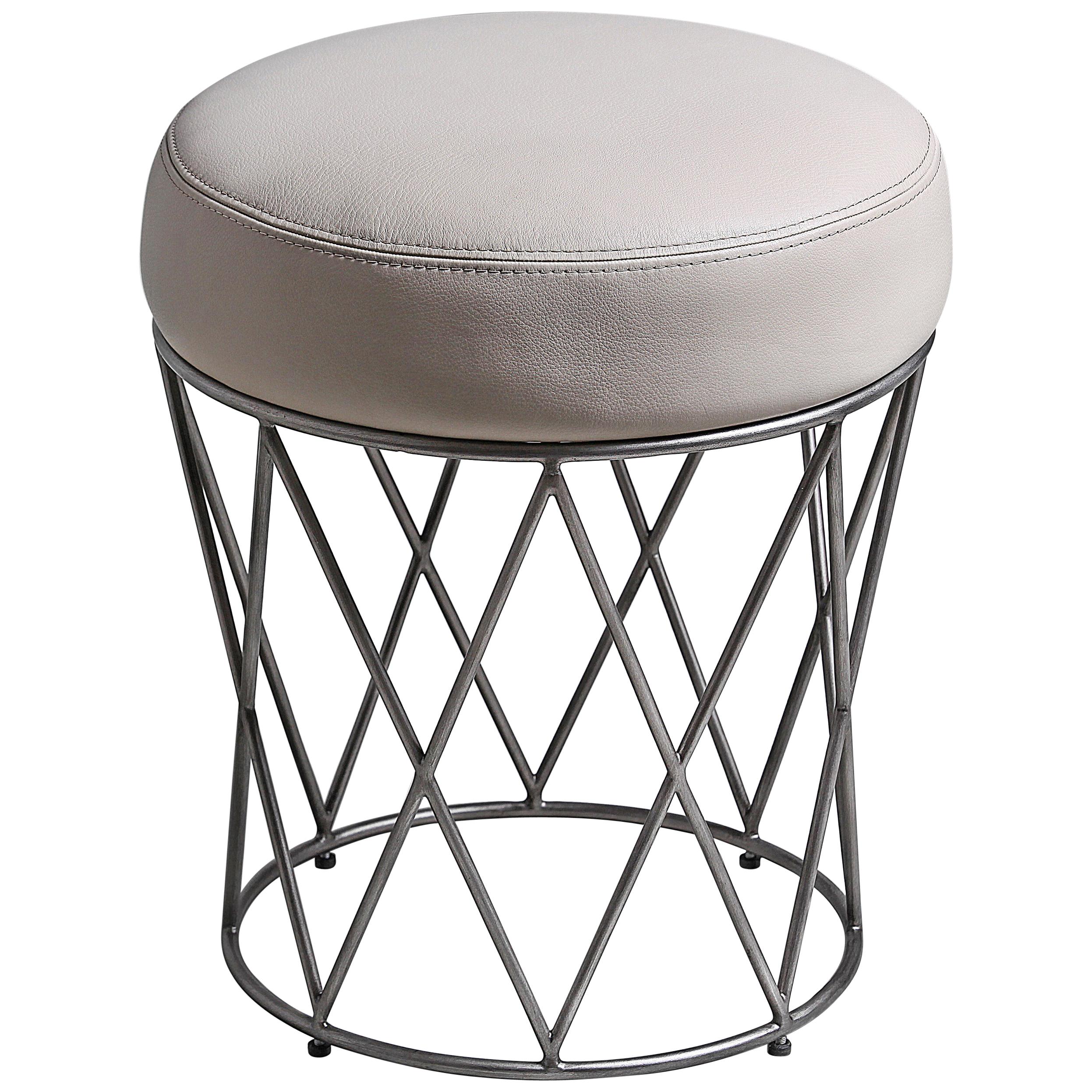 Eiffel, Ottoman in Hand Patinated Silver Leaf and Upholstered Seat