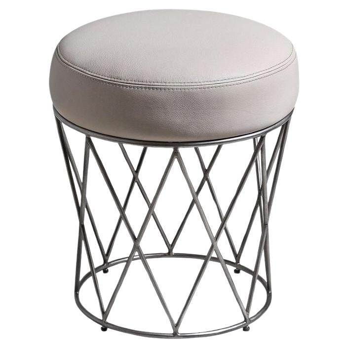 Eiffel, Ottoman in Hand Patinated Silver Leaf and Upholstered Seat For Sale