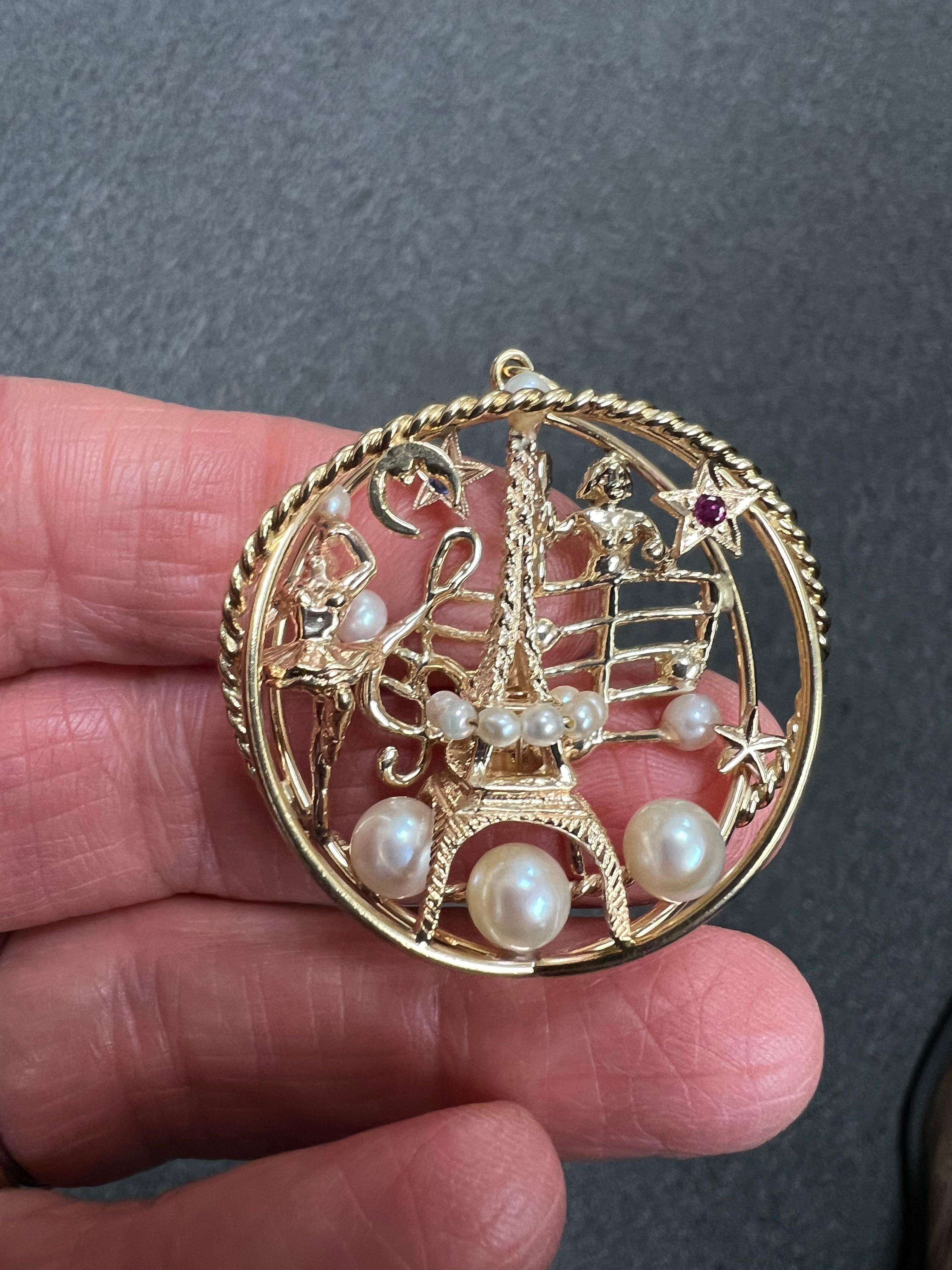 Round Cut Eiffel Tower Cultured Pearls Yellow Gold Charm Pendant