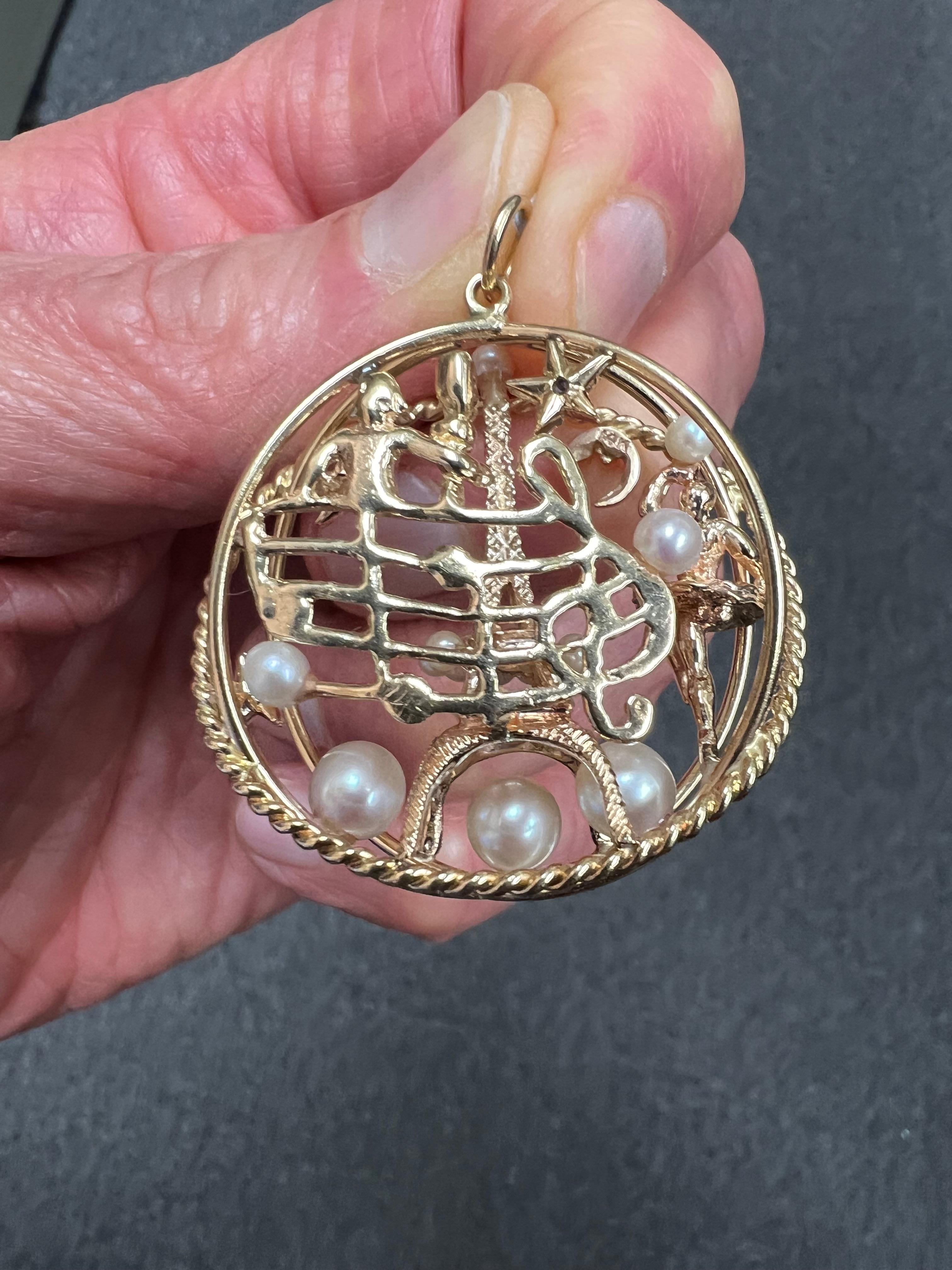 Women's or Men's Eiffel Tower Cultured Pearls Yellow Gold Charm Pendant