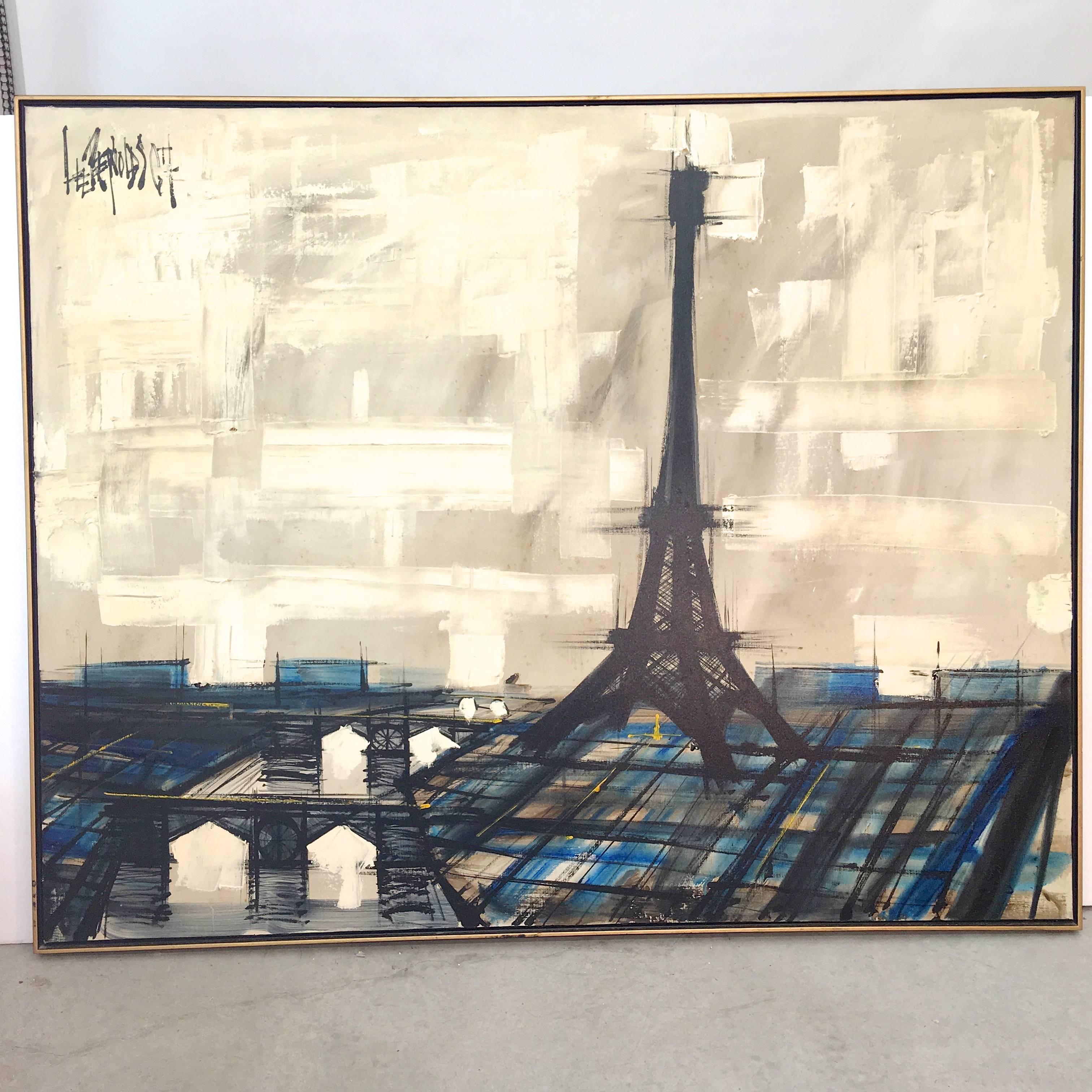 Classic Mid-Century Modernist large-scale textured oil on canvas painting of a Paris skyline featuring the Eiffel Tower signed upper left Lee Reynolds. 

Most prominent colors are beige, black and blue. This painting came from a sitting room where