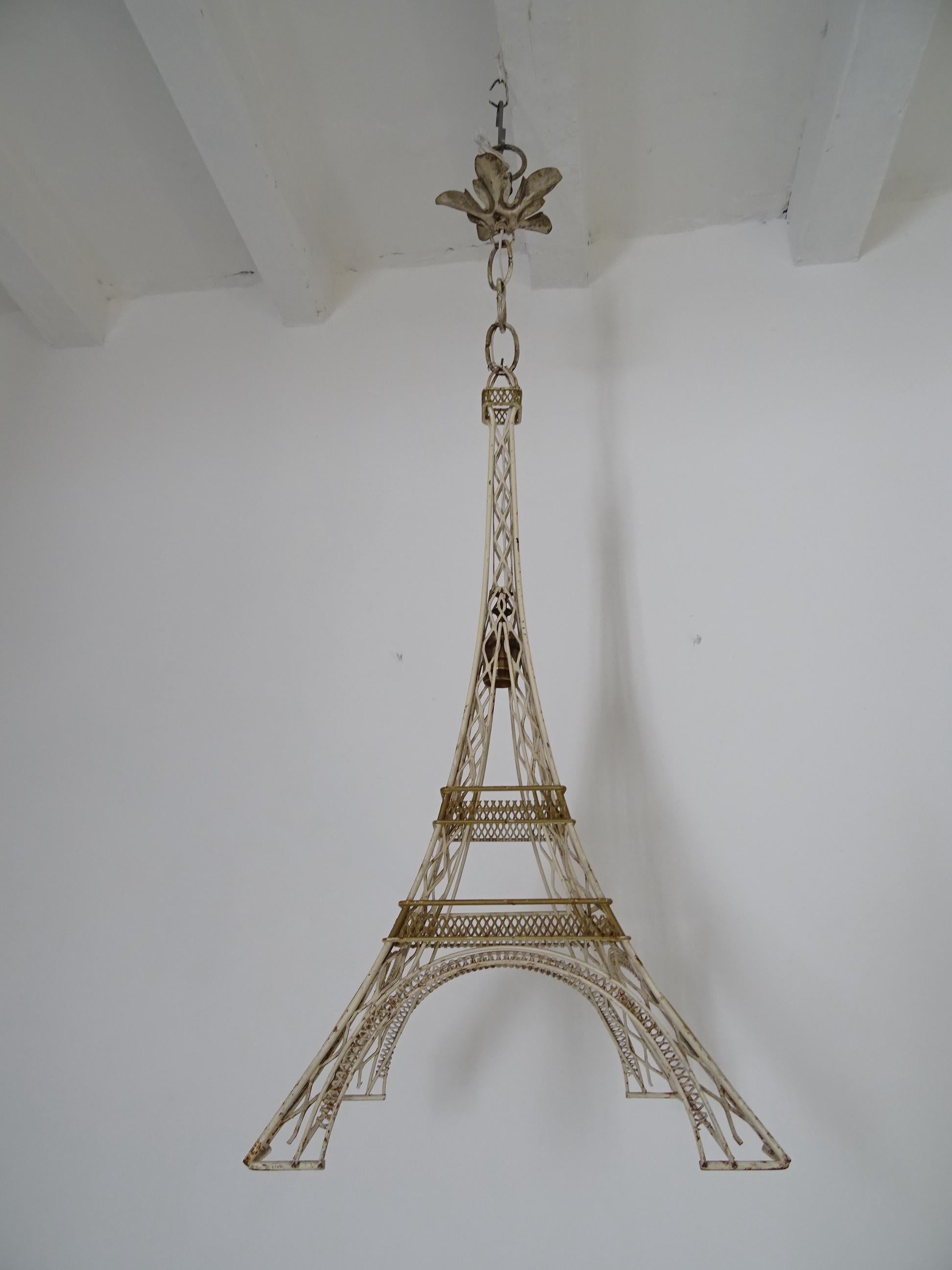 One of a kind chandelier. Housing 1 light, has been rewired with a big certified US UL socket and ready to hang. Found in Paris, France. Made of tole in cream and gold. Free priority UPS shipping from Italy, no custom fees.