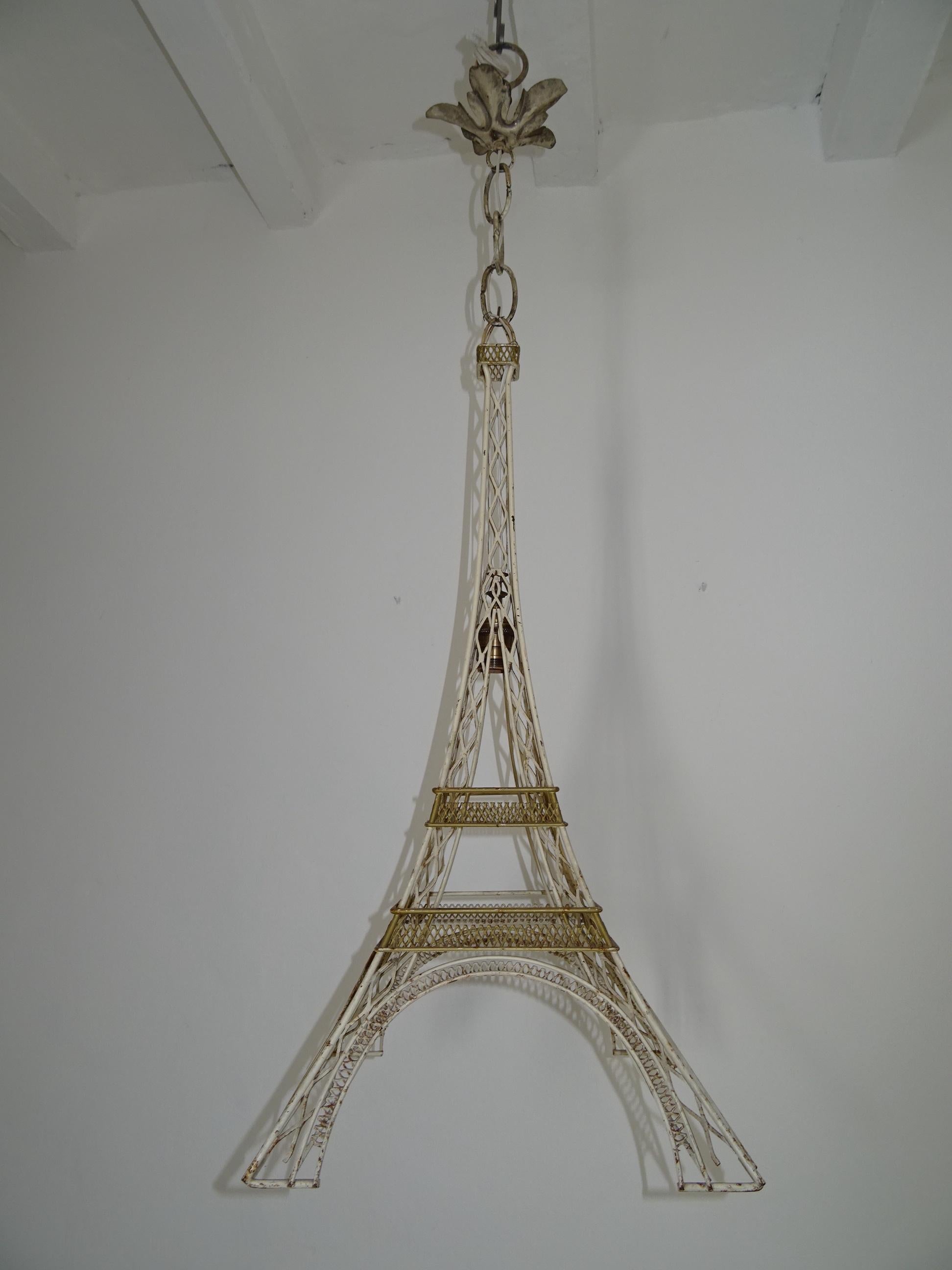 Mid-20th Century French Eiffel Tower Tole Cream & Gold Paris Chandelier circa 1940 One of a Kind For Sale