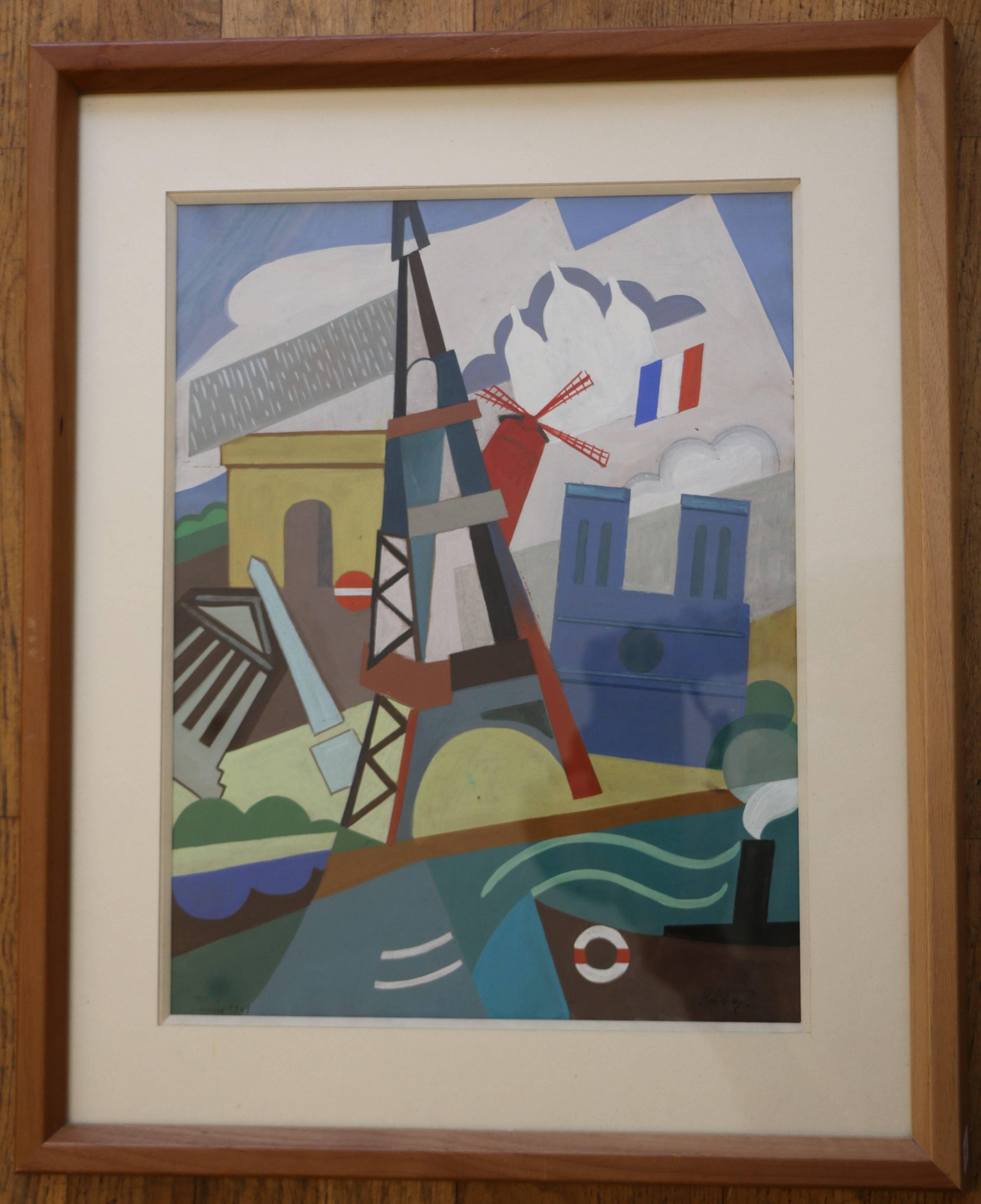 Cubist watercolor on paper attributed to Pal Patzay (1896-1979. Hungarian school, dated 1923 and situated in Paris bottom left, signed bottom right.
It represents the Eiffel tower and several famous Paris monuments (Notre Dame cathedral, Arc de