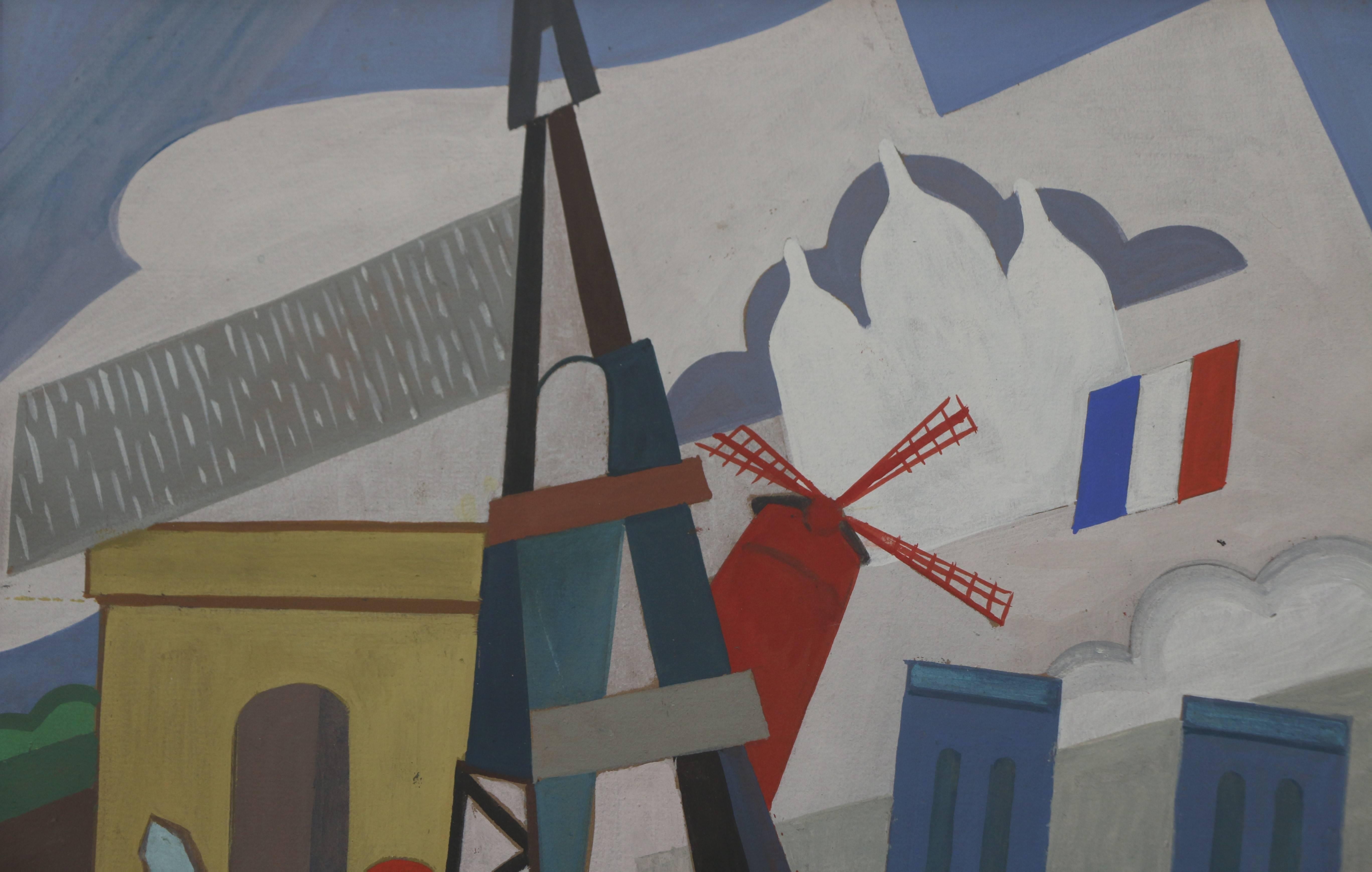 French Eiffel Tower Cubist Painting by Pal Patzay Attributed, Hungarian School, 1923