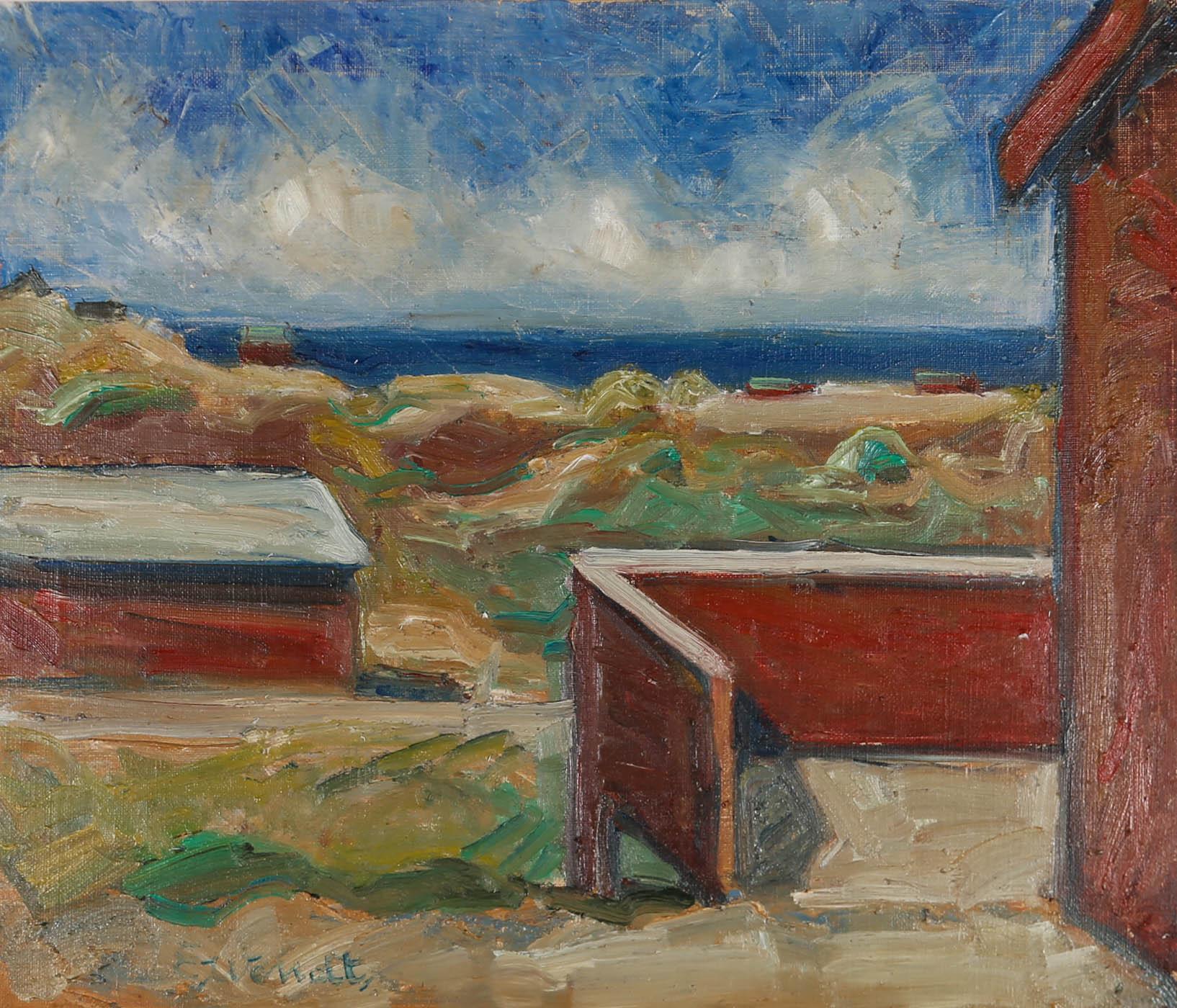 Eigel Wendt (geb. 1922) – dänische Schule des mittleren 20. Jahrhunderts, Öl, über der roten Wand 1