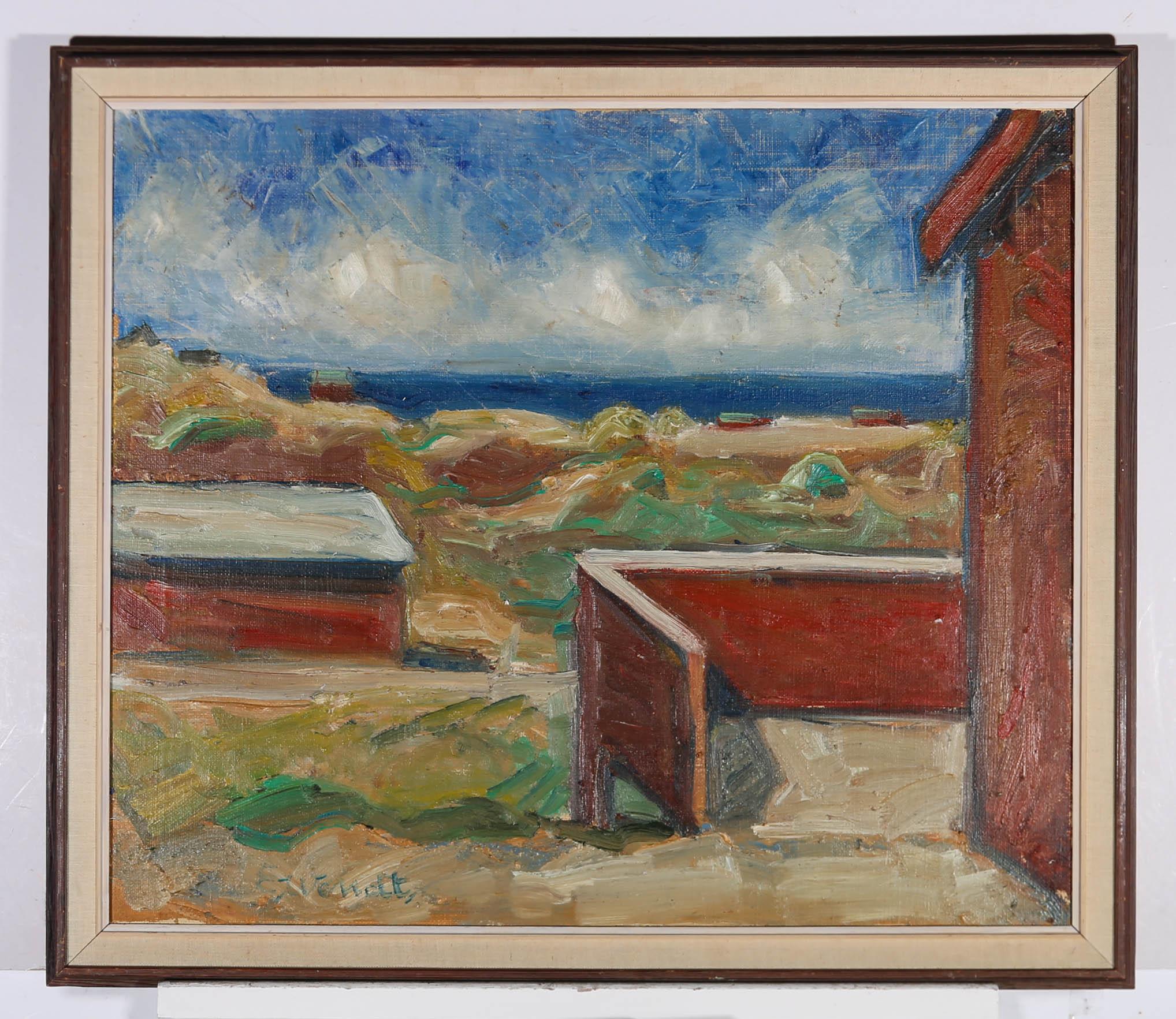 Eigel Wendt (geb. 1922) – dänische Schule des mittleren 20. Jahrhunderts, Öl, über der roten Wand 2