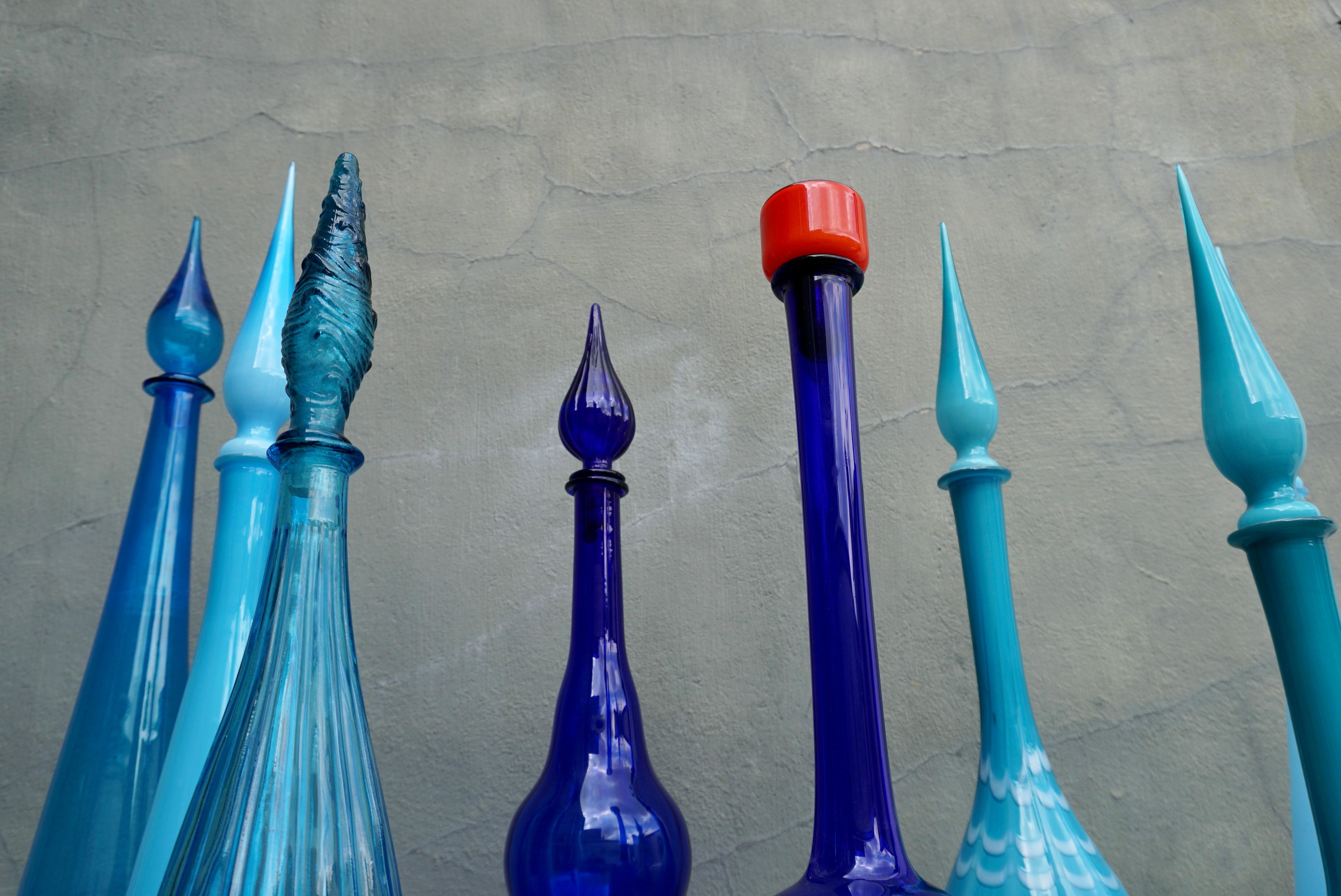 Eight 1960s Blue Italian Empoli Rossini Glass Decanters For Sale 4