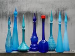 Otto decanter in vetro blu di Empoli Rossini degli anni '60