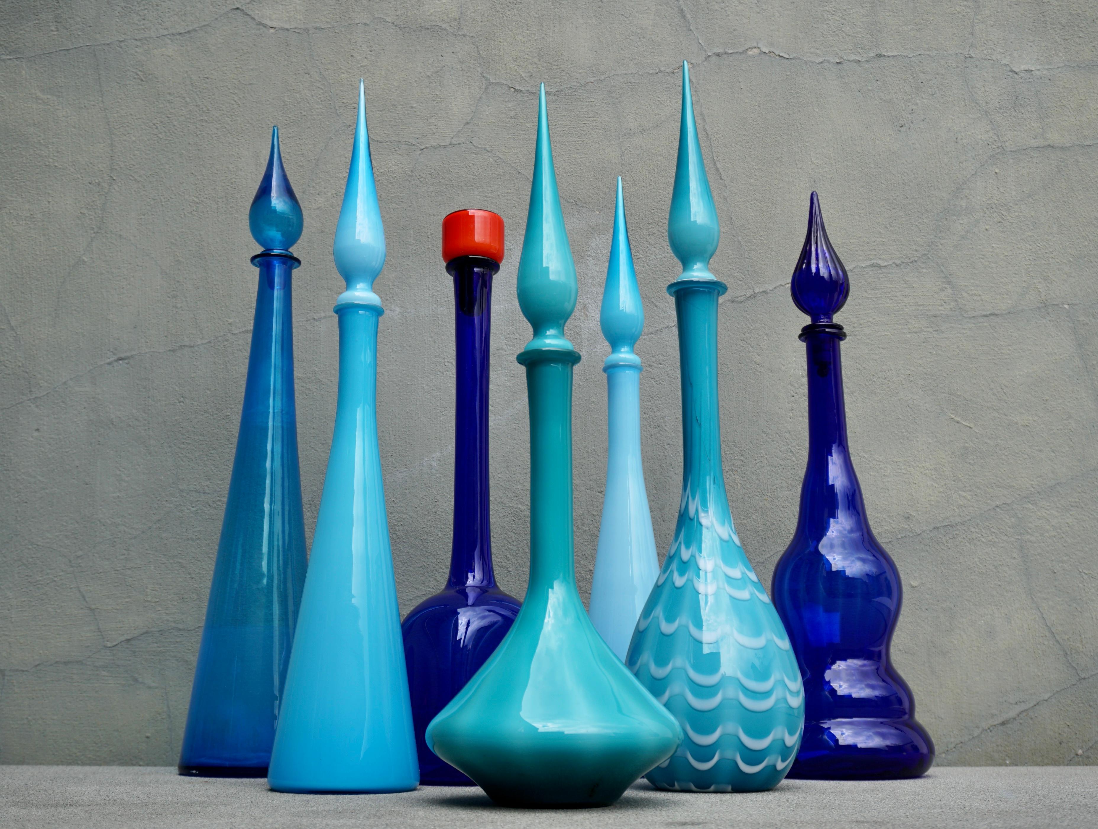 Murano Glass Eight 1960s Blue Italian Empoli Rossini Glass Decanters For Sale