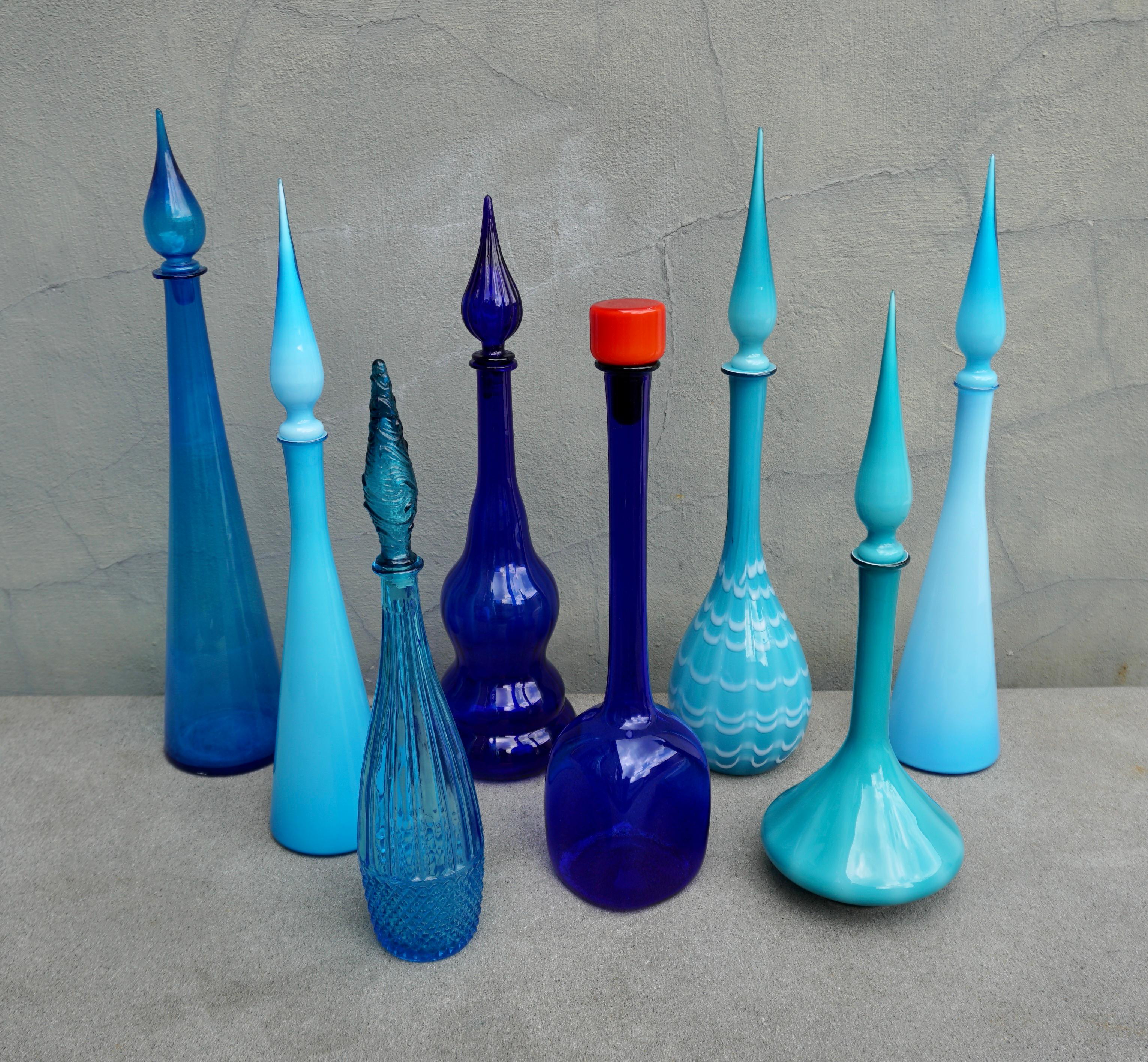 Eight 1960s Blue Italian Empoli Rossini Glass Decanters For Sale 1