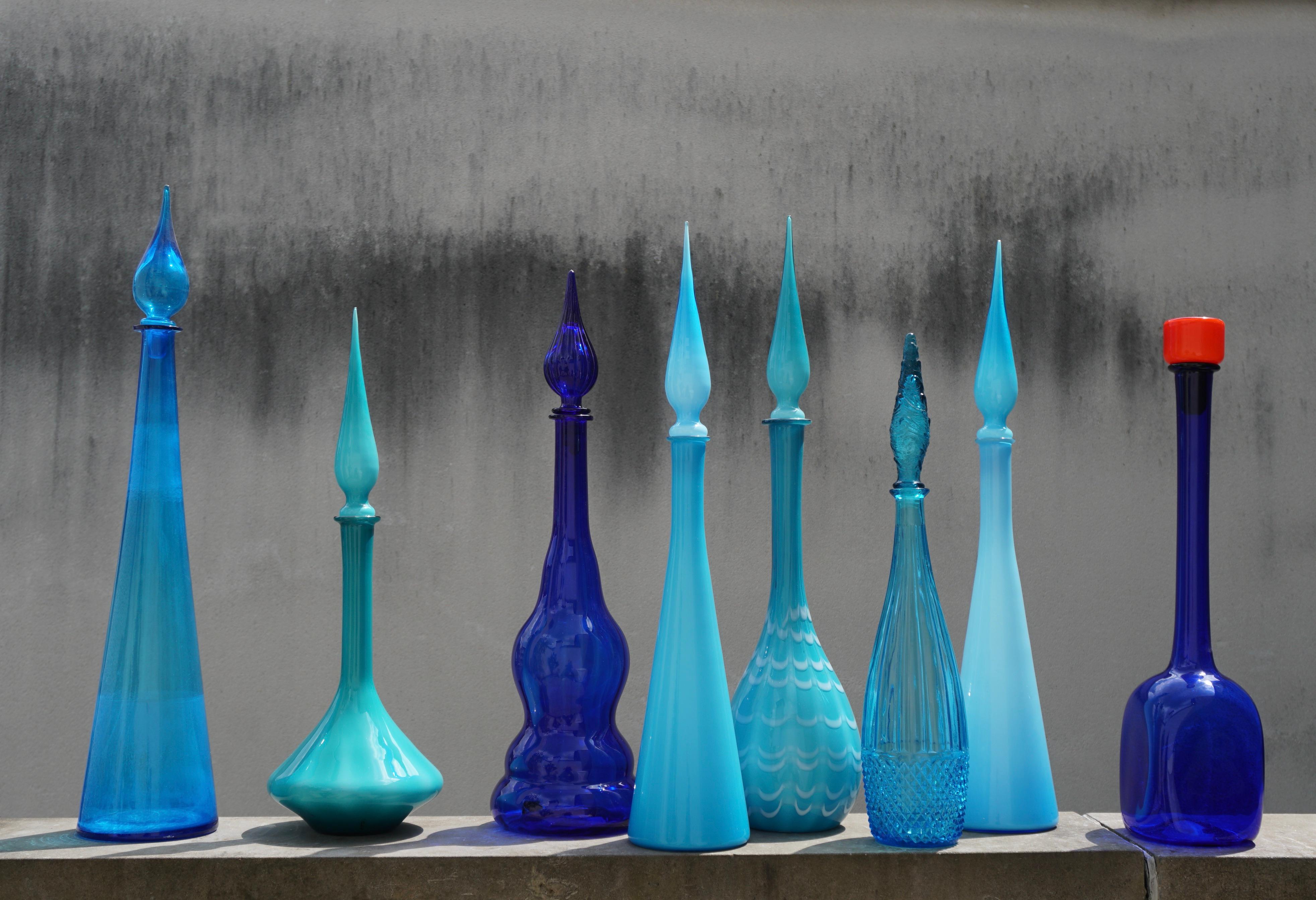 Eight 1960s Blue Italian Empoli Rossini Glass Decanters For Sale 2