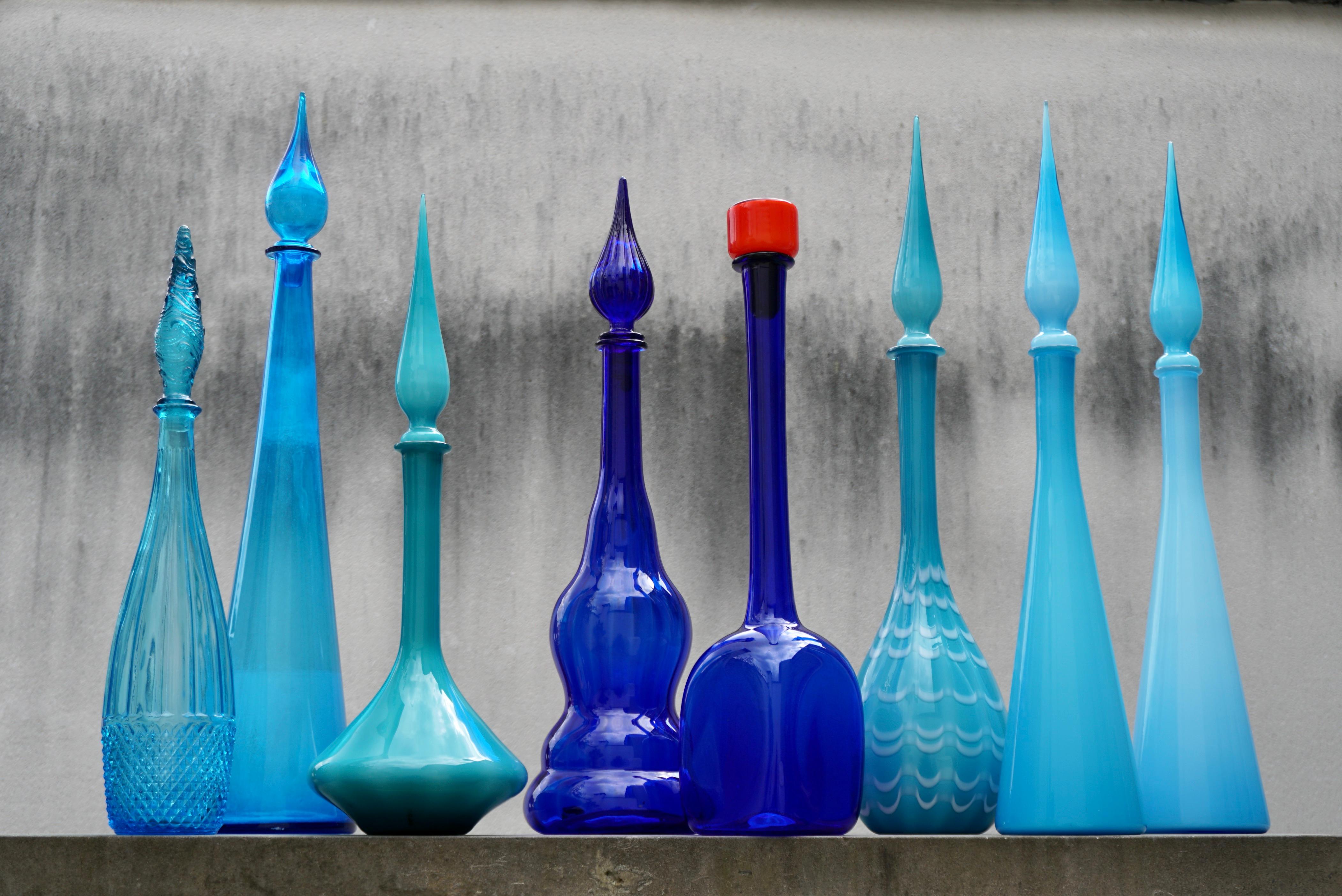 Eight 1960s Blue Italian Empoli Rossini Glass Decanters For Sale 3