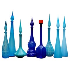 Vintage Eight 1960s Blue Italian Empoli Rossini Glass Decanters