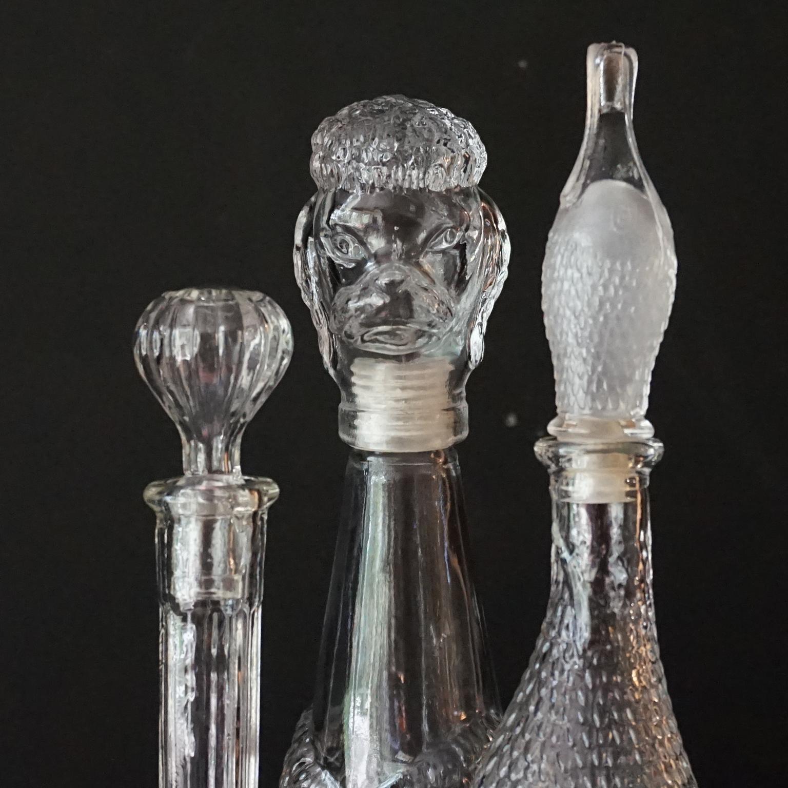 Eight 1960s Clear Glass Italian Empoli Duck Dog Fish Decanters Bottles and Vases For Sale 1