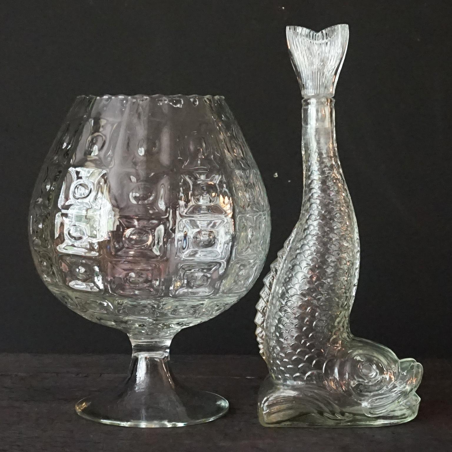 Eight 1960s Clear Glass Italian Empoli Duck Dog Fish Decanters Bottles and Vases For Sale 8