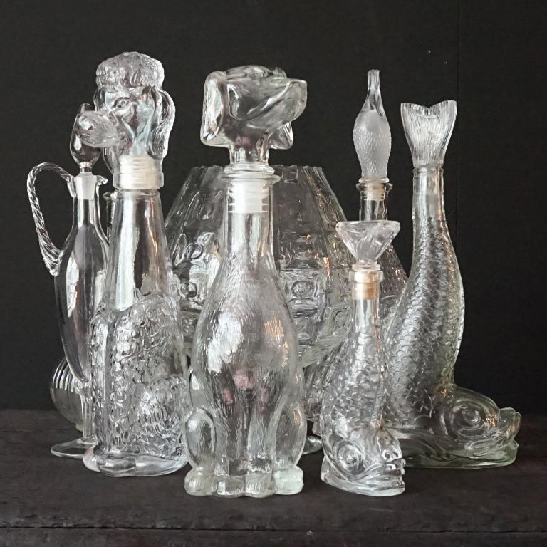 Eight 1960s Clear Glass Italian Empoli Duck Dog Fish Decanters Bottles