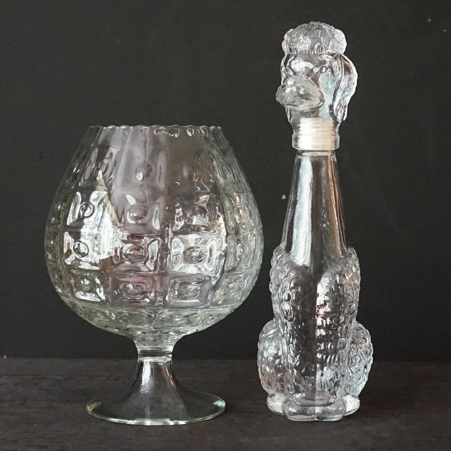 Pressed Eight 1960s Clear Glass Italian Empoli Duck Dog Fish Decanters Bottles and Vases For Sale