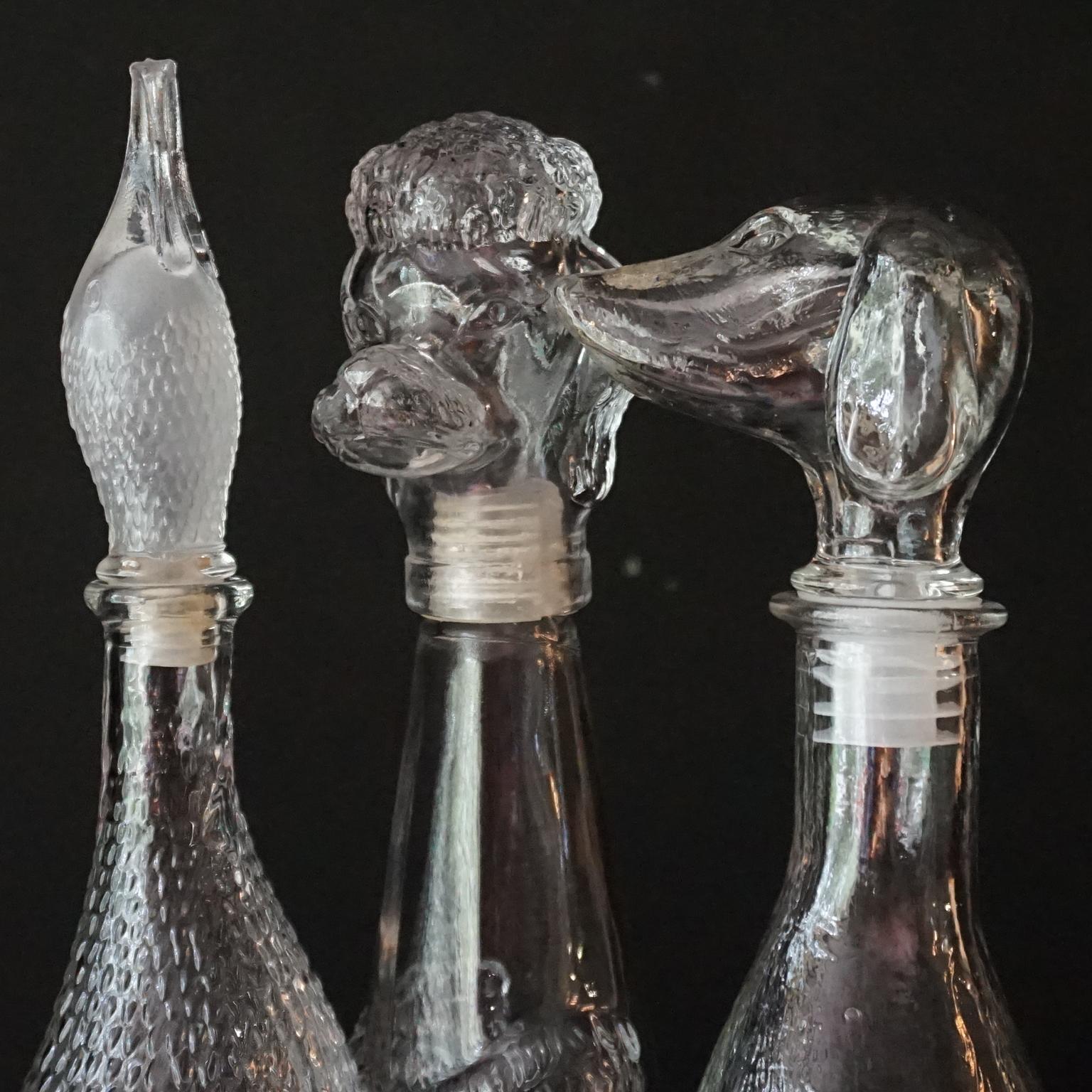 Mid-20th Century Eight 1960s Clear Glass Italian Empoli Duck Dog Fish Decanters Bottles and Vases For Sale