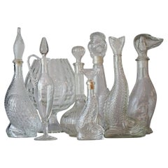 Eight 1960s Clear Glass Italian Empoli Duck Dog Fish Decanters Bottles and Vases