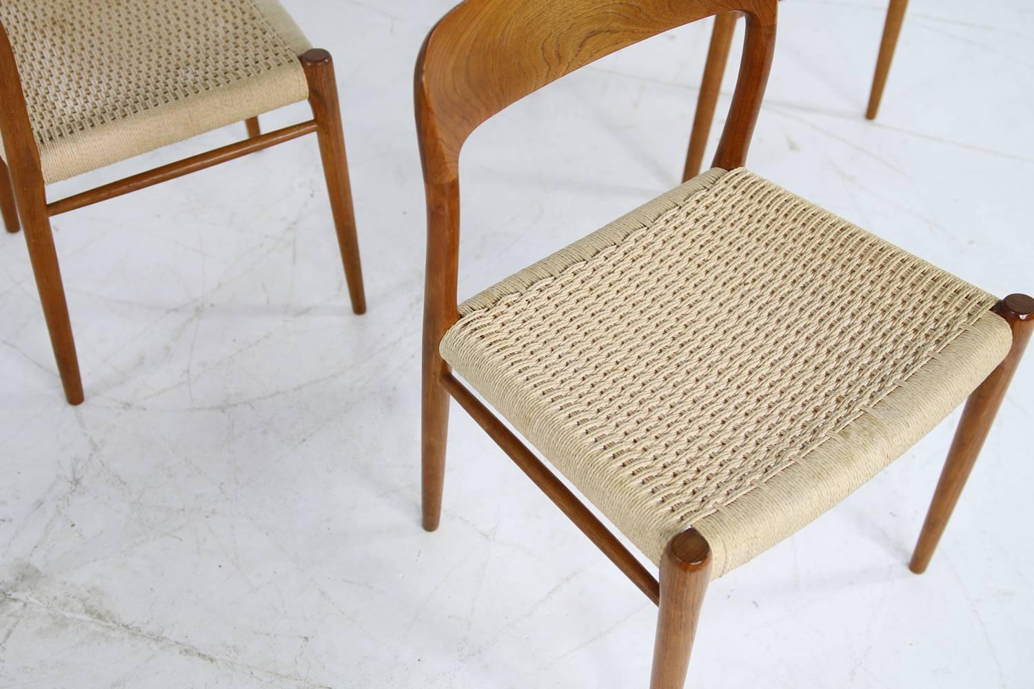 Papercord Eight 1960s Danish Teak and Cane Dining Room Chairs by Niels O. Moller Mod. 75