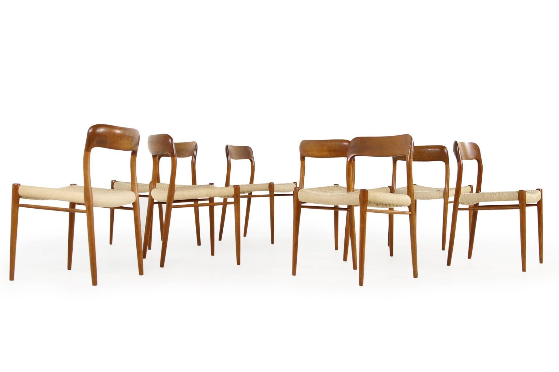 Eight 1960s Danish Teak and Cane Dining Room Chairs by Niels O. Moller Mod. 75 1