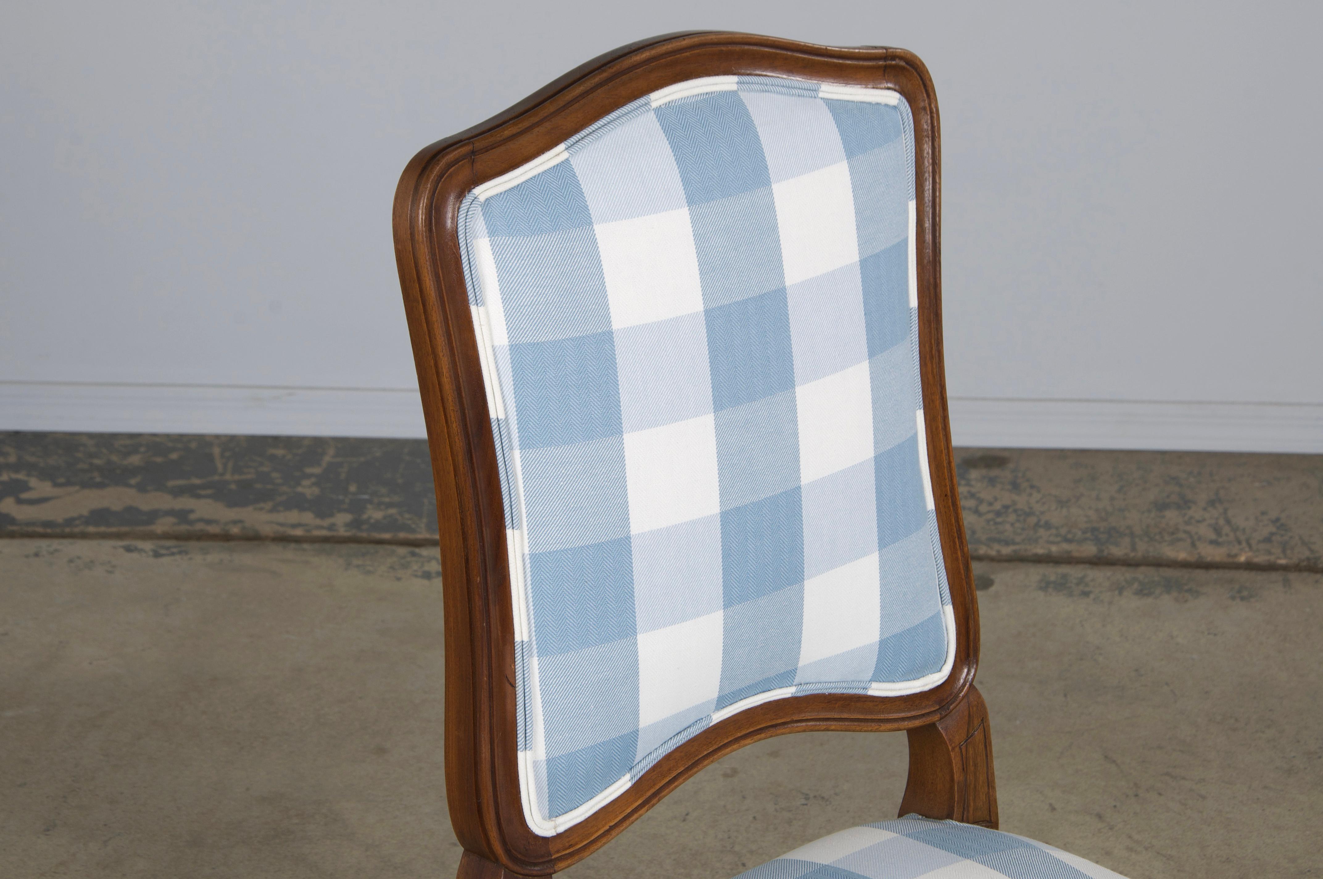 Eight 19th Century French Louis XV Walnut Dining Chairs in Light Blue Plaid For Sale 5