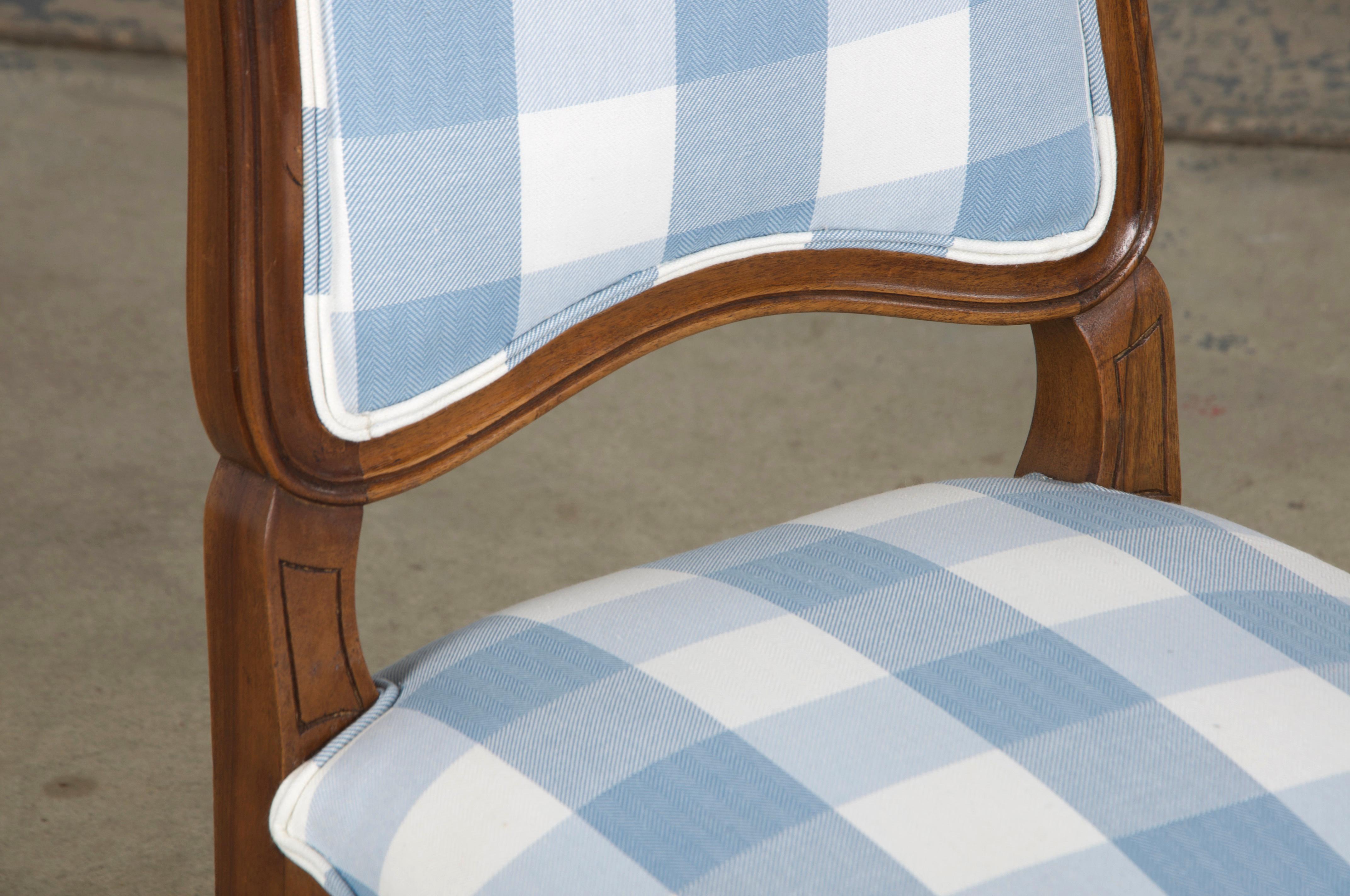 Eight 19th Century French Louis XV Walnut Dining Chairs in Light Blue Plaid For Sale 6