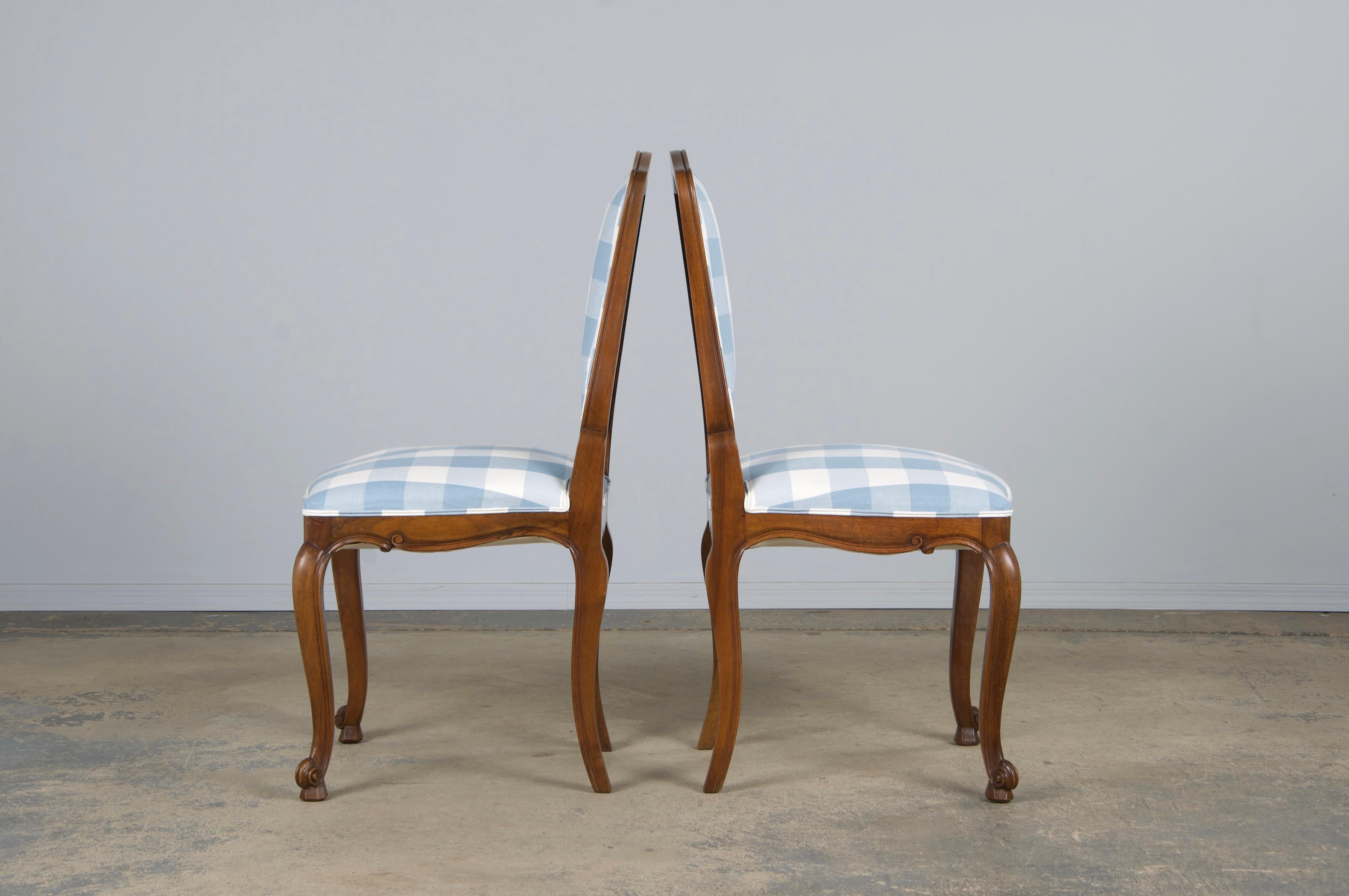 Eight 19th Century French Louis XV Walnut Dining Chairs in Light Blue Plaid For Sale 9