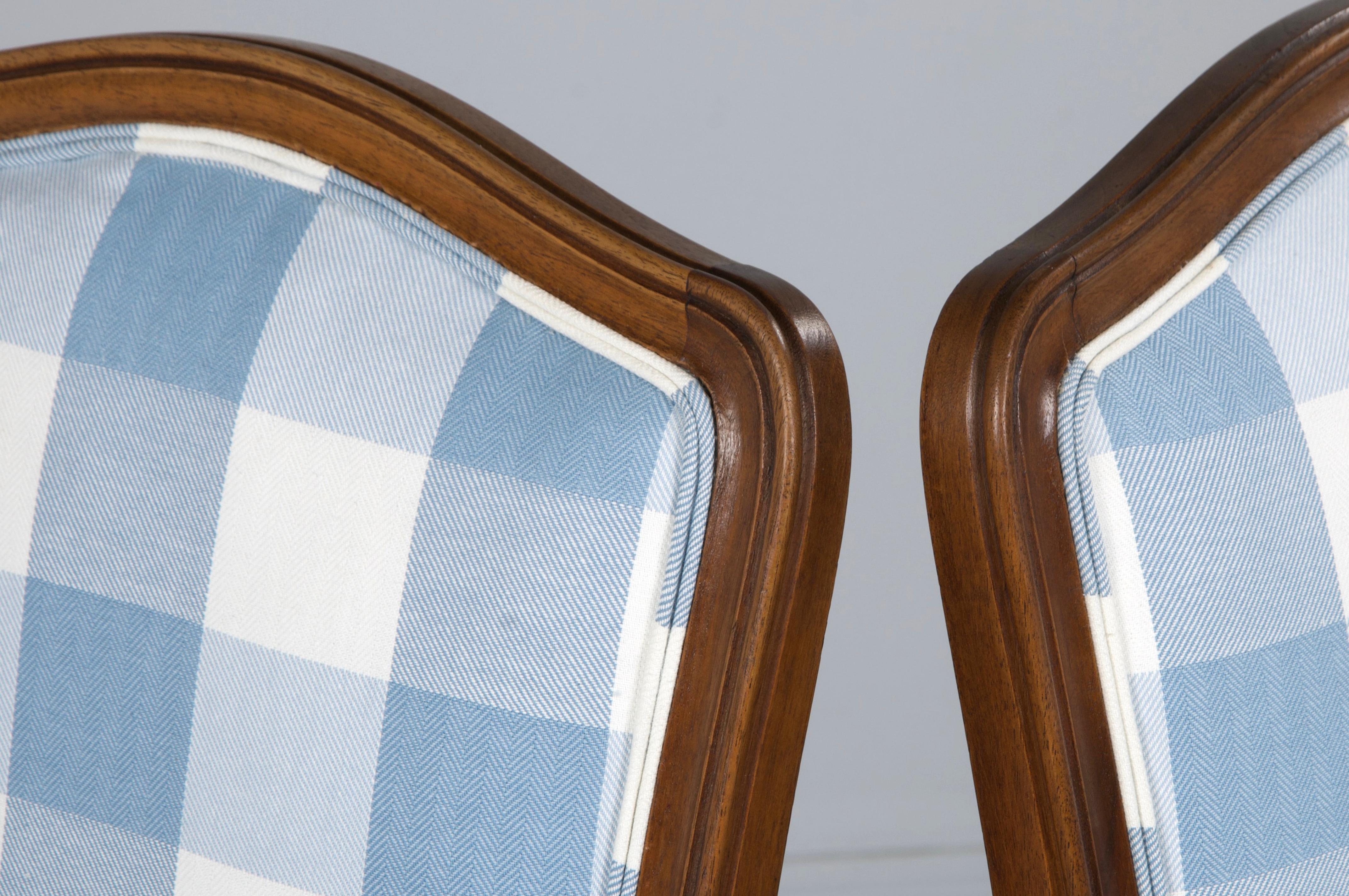 Eight 19th Century French Louis XV Walnut Dining Chairs in Light Blue Plaid For Sale 11