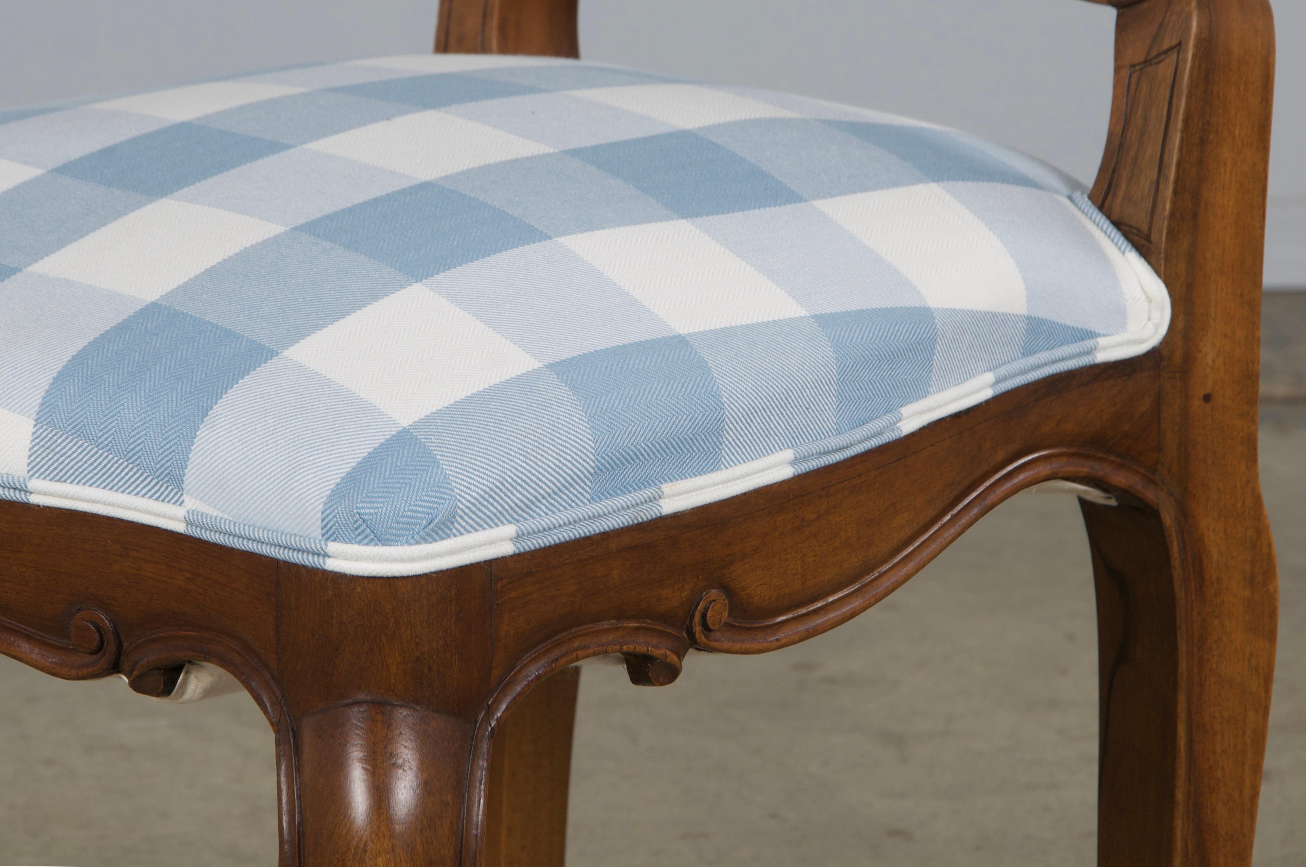 Eight 19th Century French Louis XV Walnut Dining Chairs in Light Blue Plaid For Sale 12