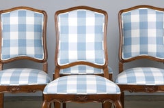 Eight 19th Century French Louis XV Walnut Dining Chairs in Light Blue Plaid