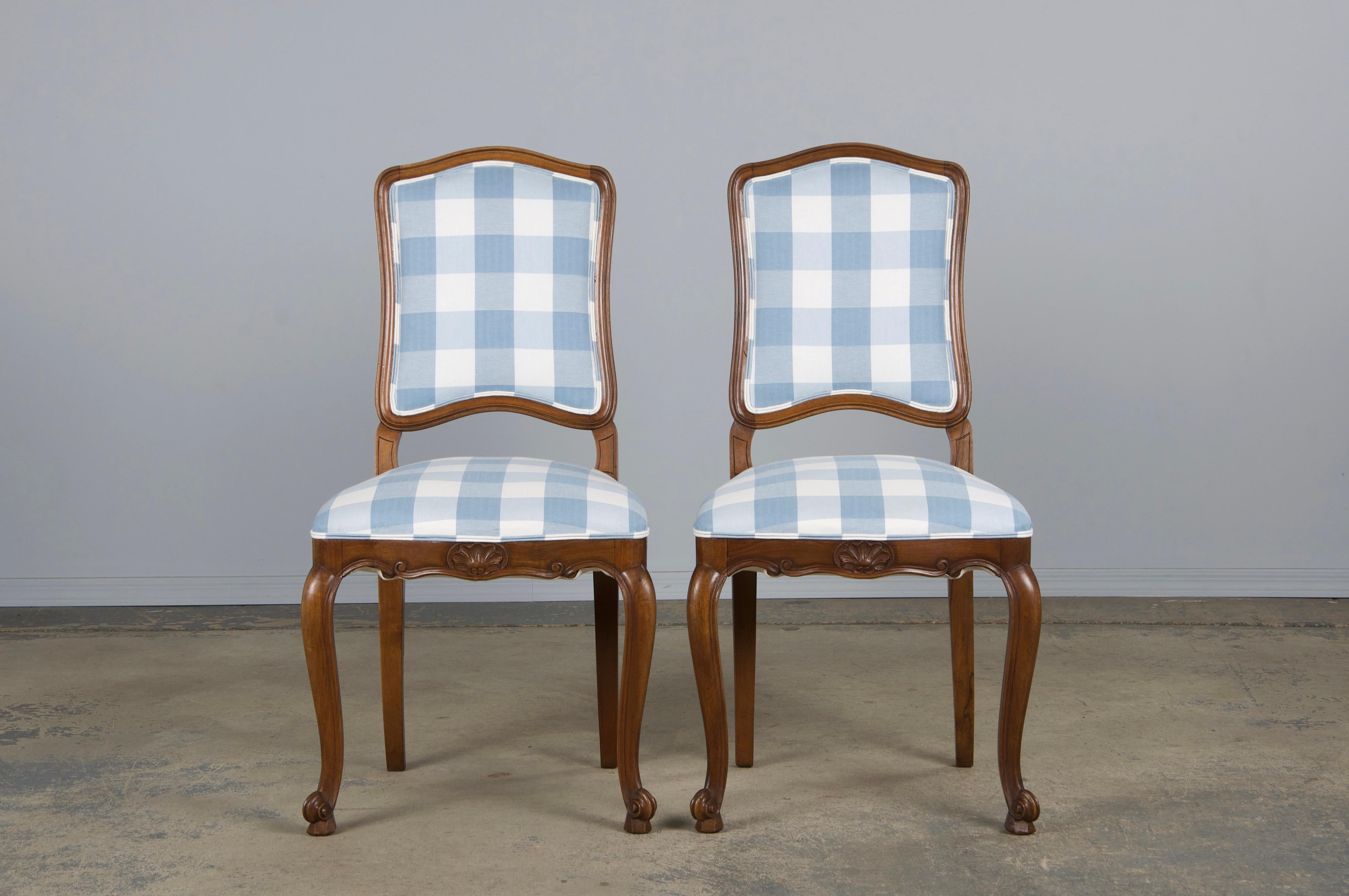 Cotton Eight 19th Century French Louis XV Walnut Dining Chairs in Light Blue Plaid For Sale