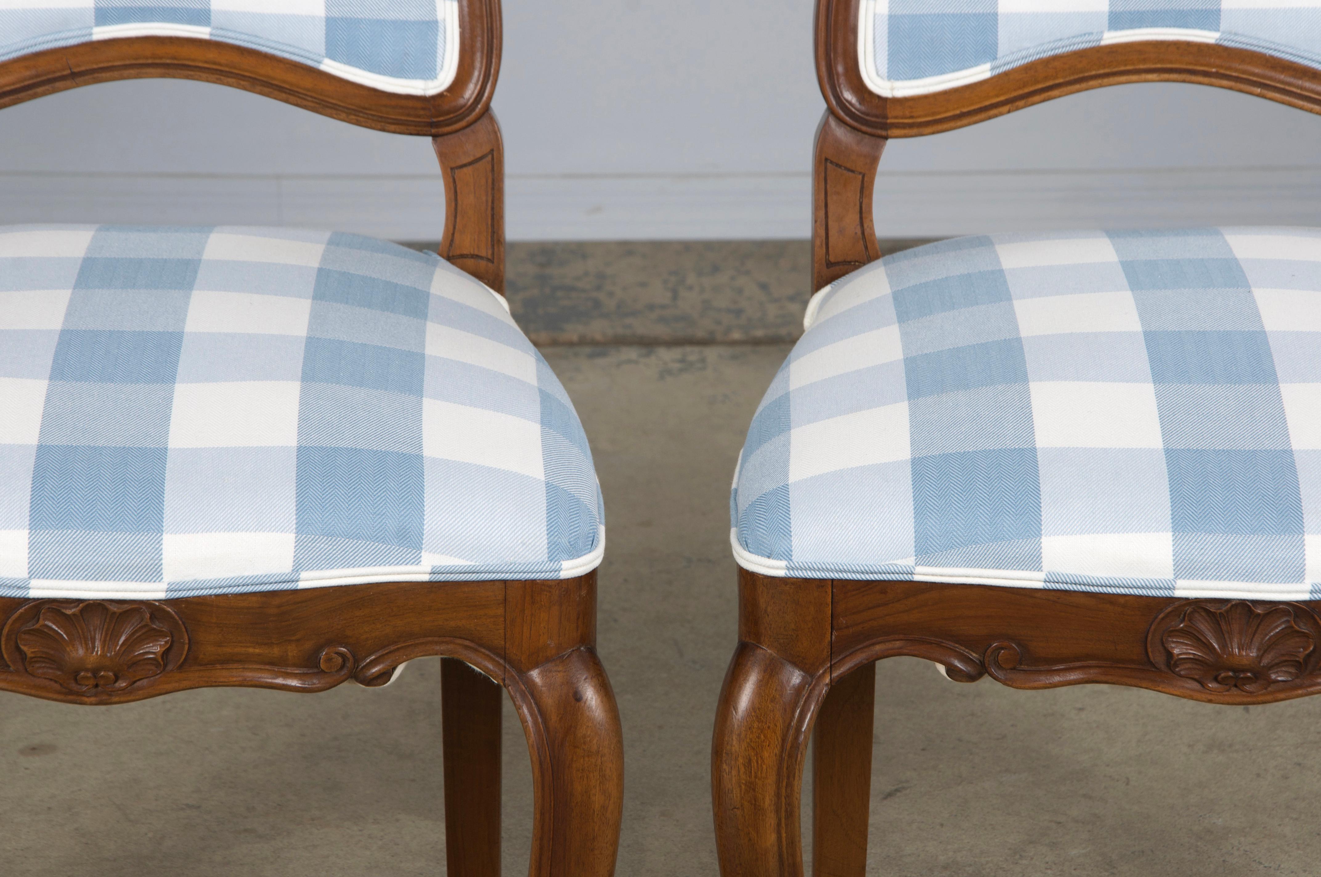 Eight 19th Century French Louis XV Walnut Dining Chairs in Light Blue Plaid For Sale 1
