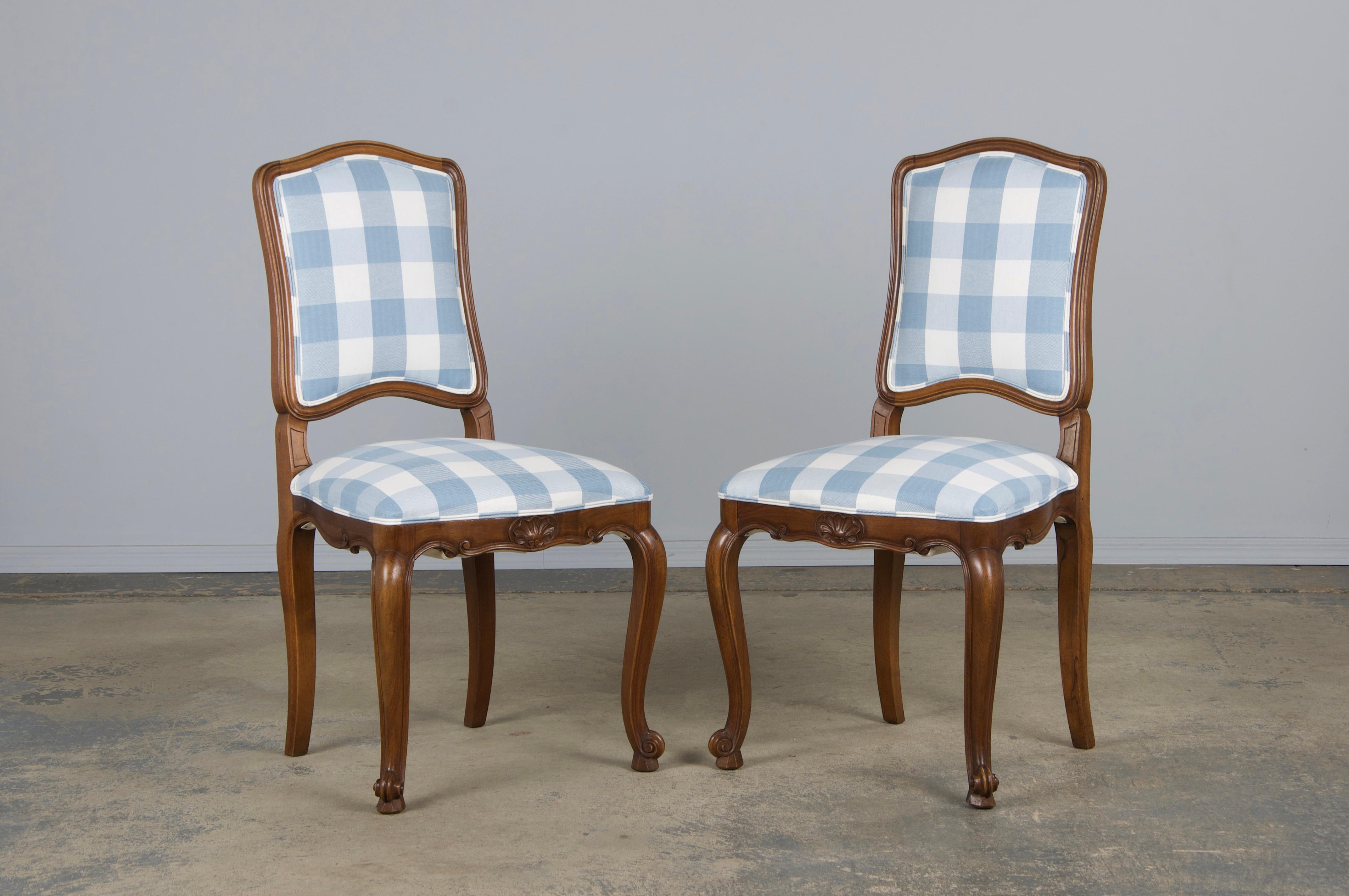 Eight 19th Century French Louis XV Walnut Dining Chairs in Light Blue Plaid For Sale 2